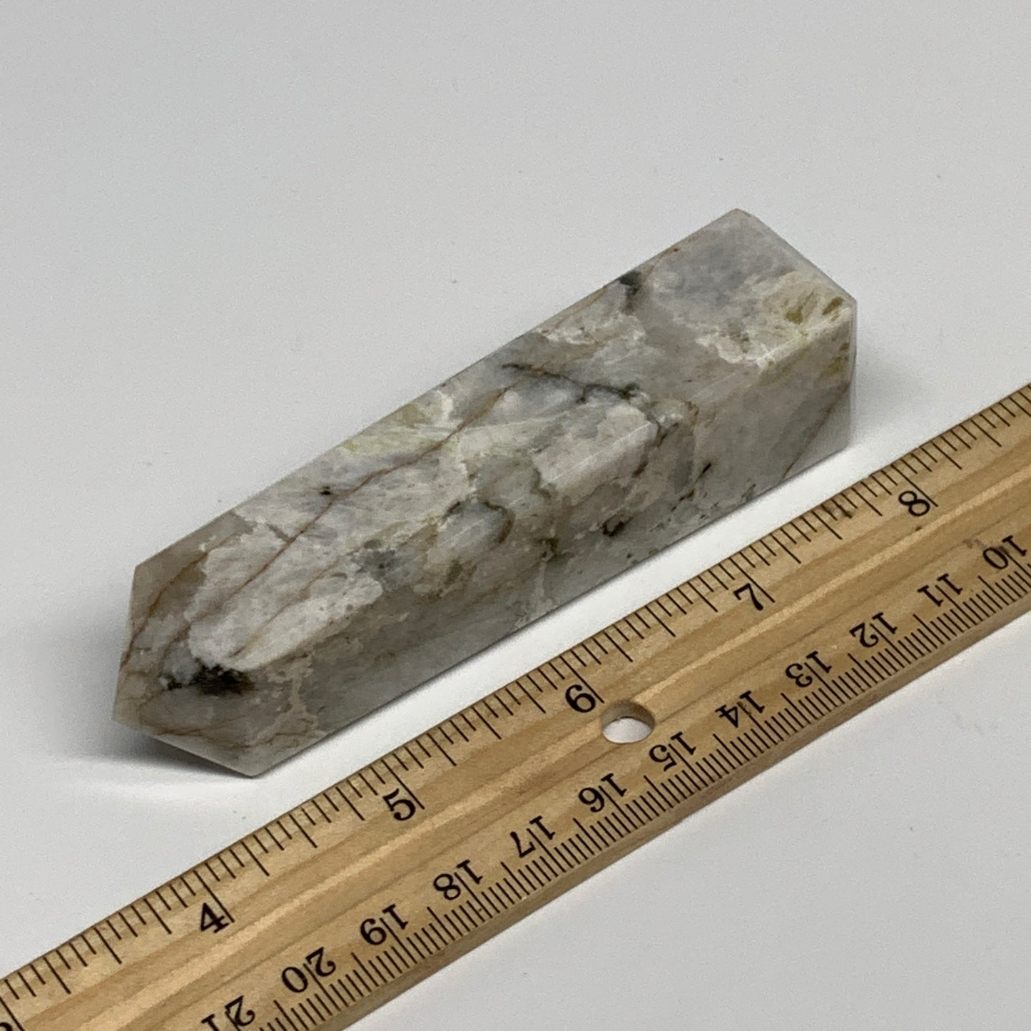 128.7g, 4"x1"x1." Rainbow Moonstone Tower Obelisk Point Crystal @India,B29303