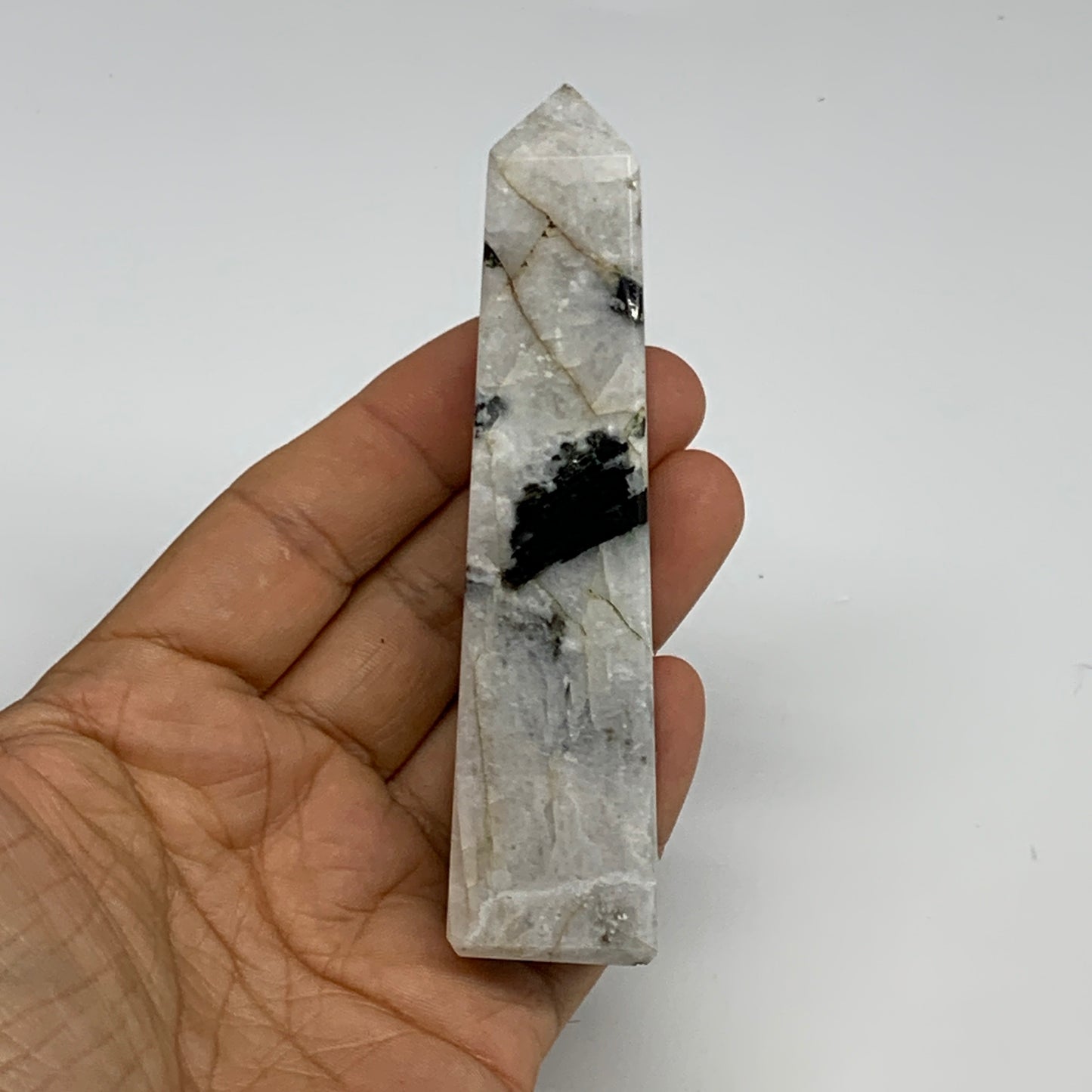 115.7g, 4.1"x1"x1." Rainbow Moonstone Tower Obelisk Point Crystal @India,B29304