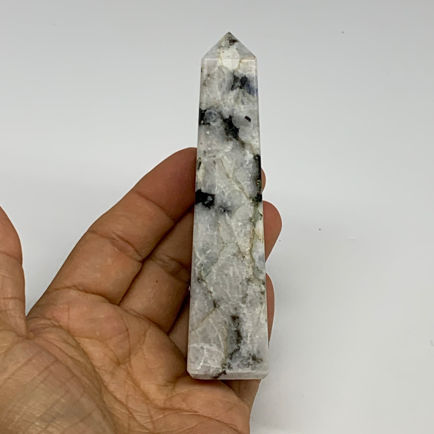 115.7g, 4.1"x1"x1." Rainbow Moonstone Tower Obelisk Point Crystal @India,B29304