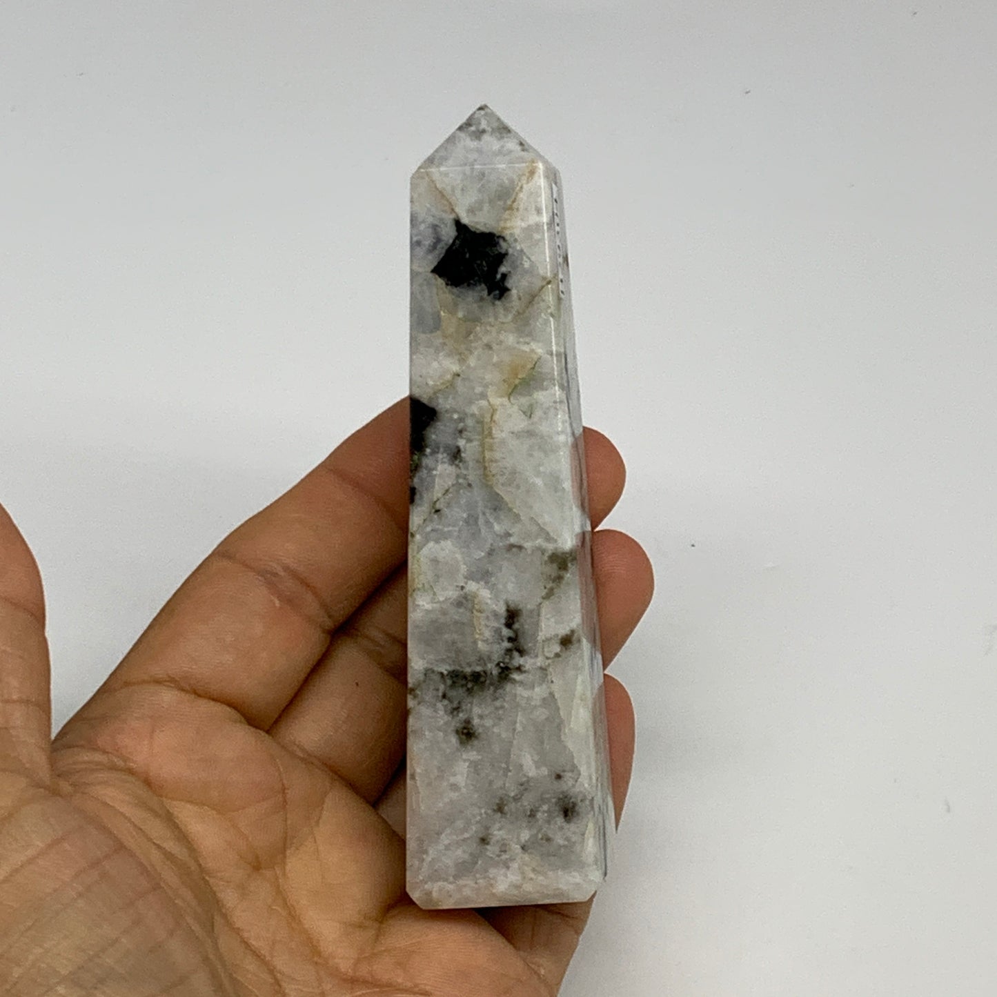 115.7g, 4.1"x1"x1." Rainbow Moonstone Tower Obelisk Point Crystal @India,B29304