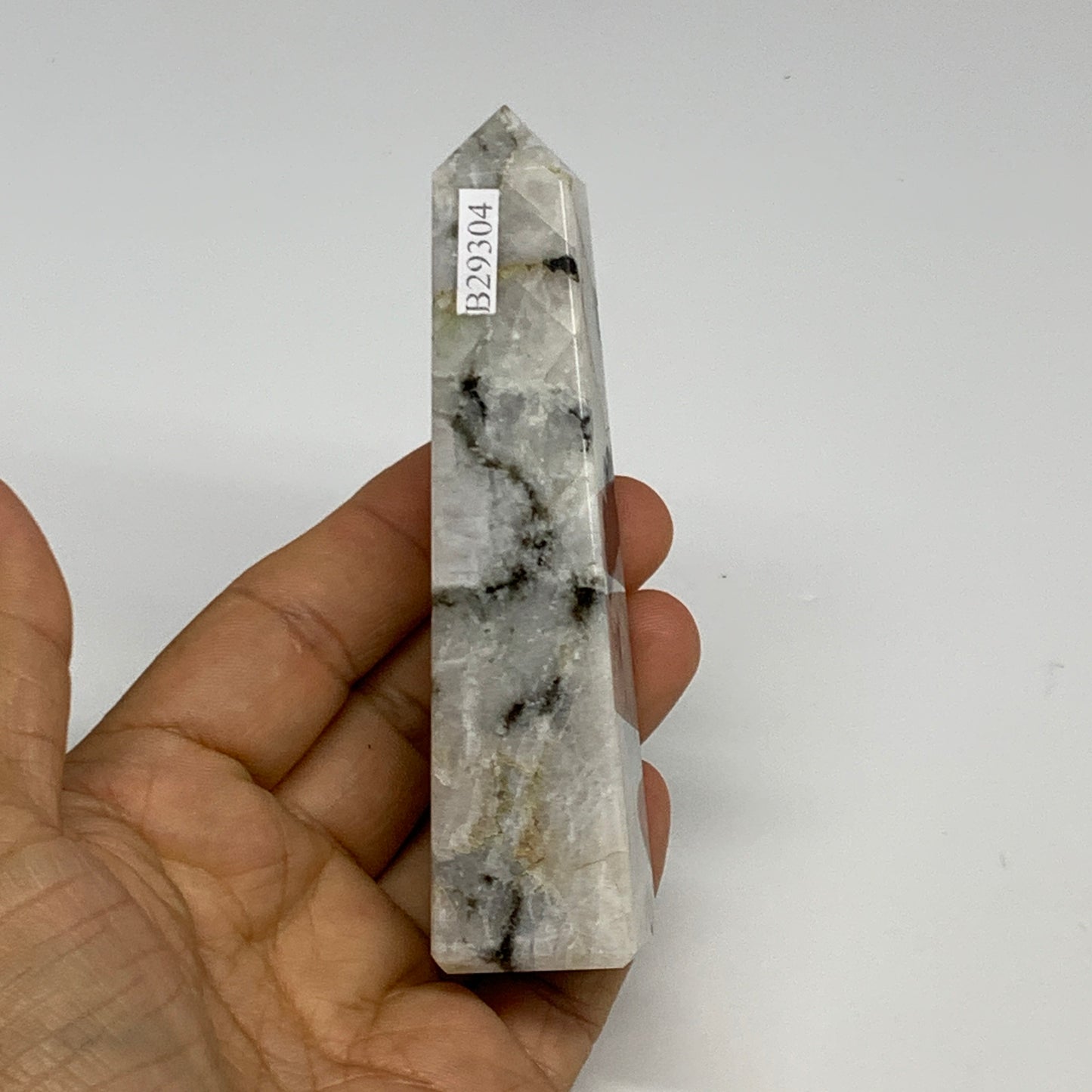 115.7g, 4.1"x1"x1." Rainbow Moonstone Tower Obelisk Point Crystal @India,B29304