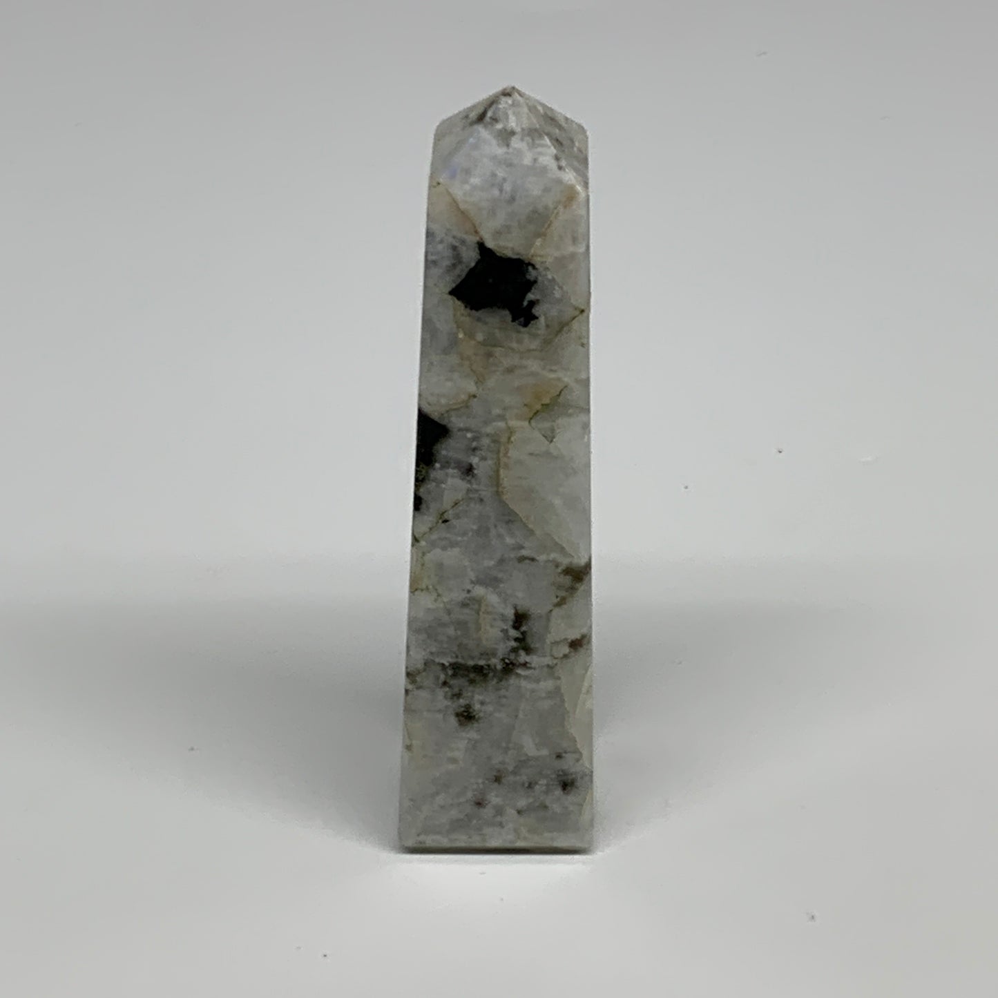 115.7g, 4.1"x1"x1." Rainbow Moonstone Tower Obelisk Point Crystal @India,B29304