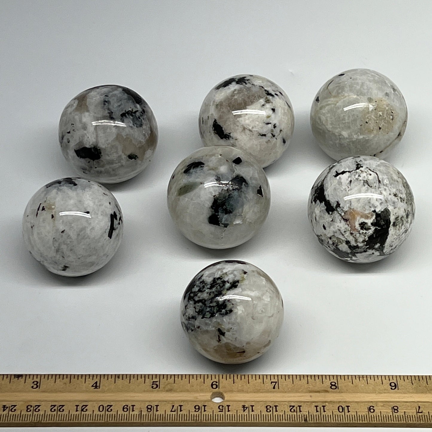 1085g, 1.8" - 2", 7pcs, Rainbow Moonstone Spheres Gemstones @India, B21421