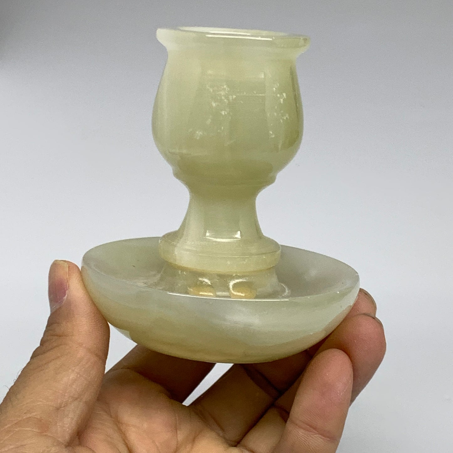 309g, 3.3"x1.6"x3", Natural Green Onyx Candle Holder Gemstone Carved, B32238