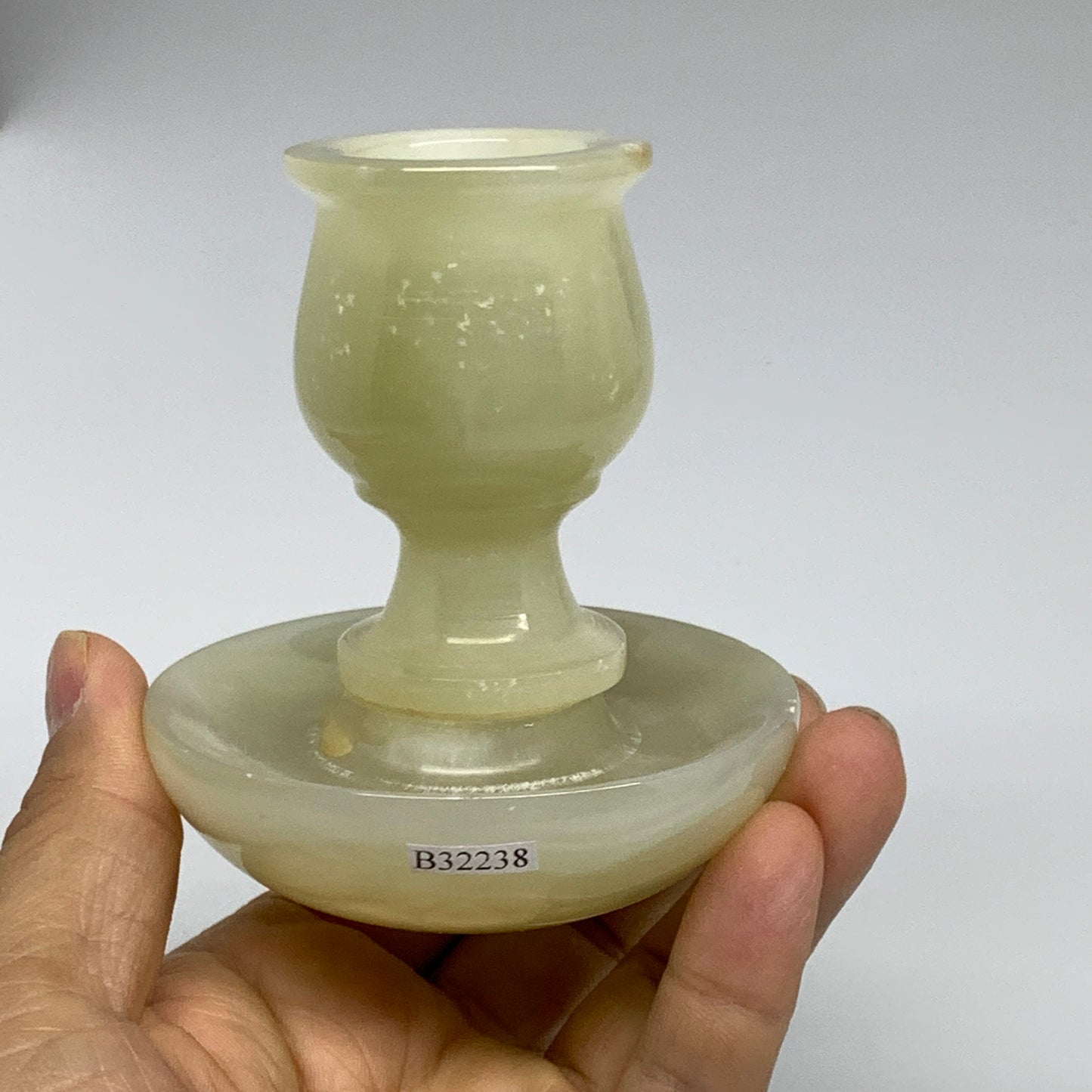 309g, 3.3"x1.6"x3", Natural Green Onyx Candle Holder Gemstone Carved, B32238