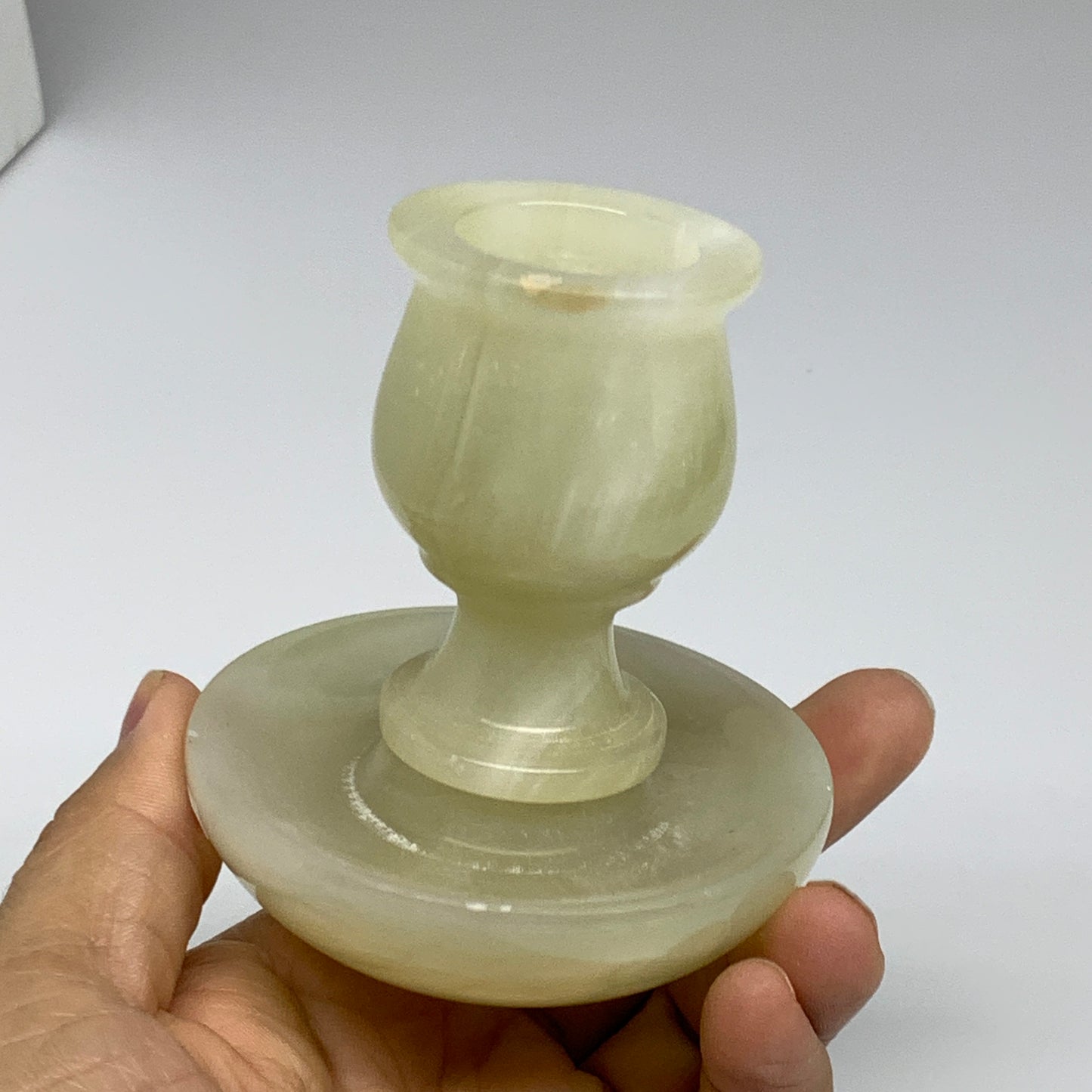 309g, 3.3"x1.6"x3", Natural Green Onyx Candle Holder Gemstone Carved, B32238