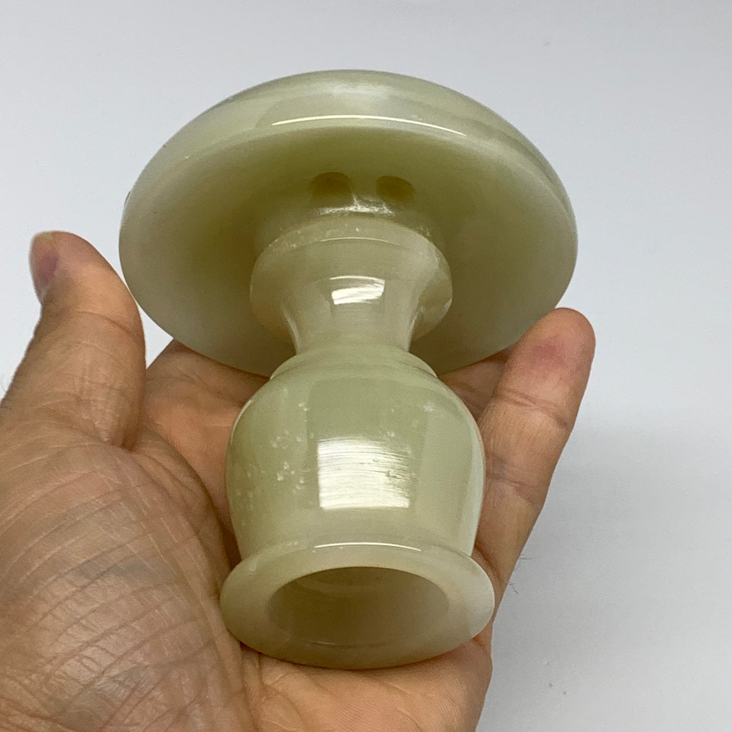 309g, 3.3"x1.6"x3", Natural Green Onyx Candle Holder Gemstone Carved, B32238