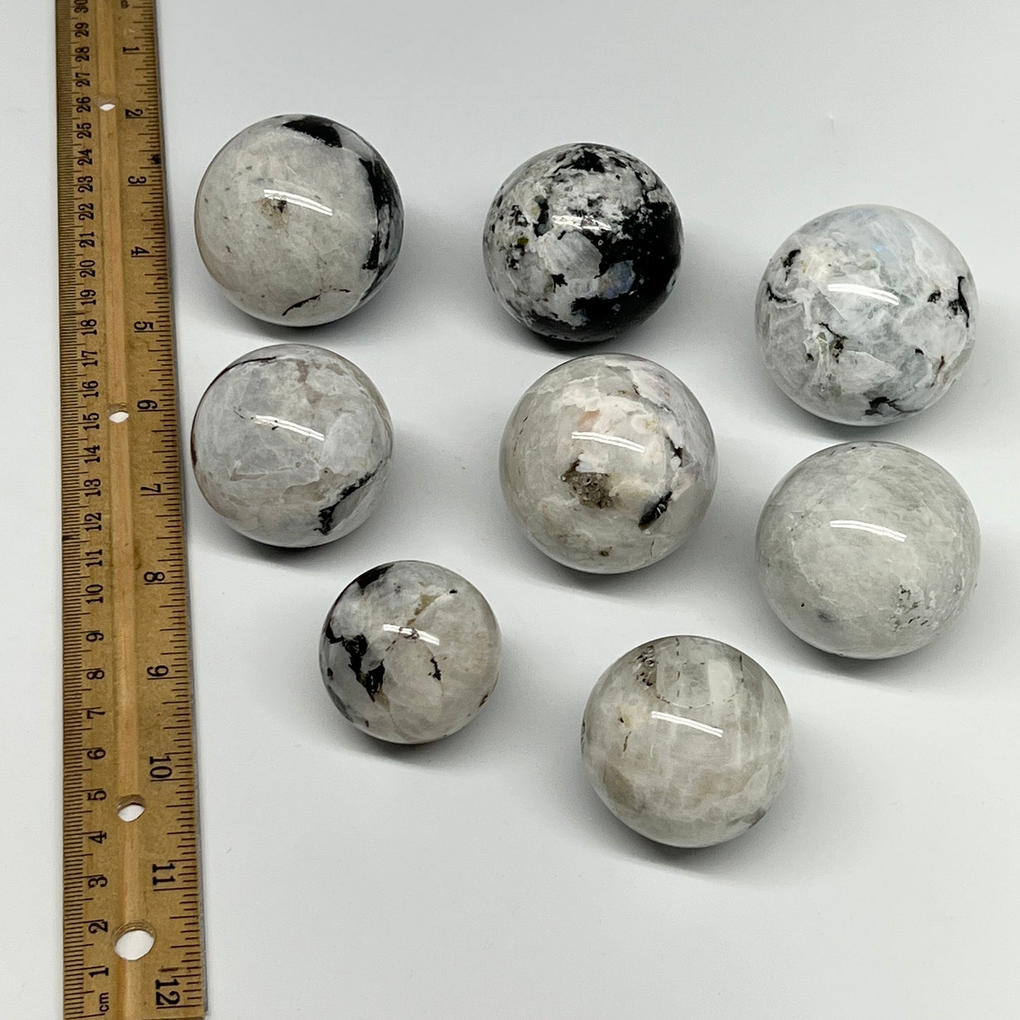 1050g, 1.5" - 2", 8pcs, Rainbow Moonstone Spheres Gemstones @India, B21424