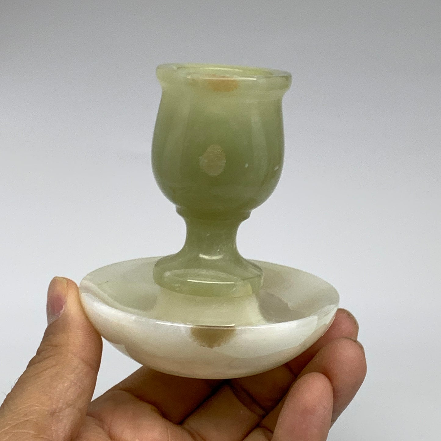 249g, 3.2"x1.4"x2.9", Natural Green Onyx Candle Holder Gemstone Carved, B32240