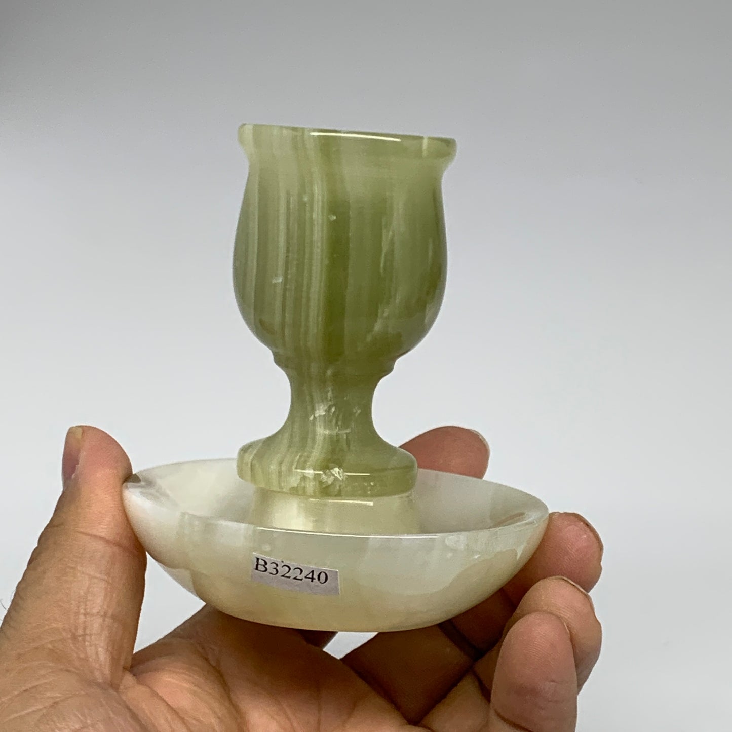 249g, 3.2"x1.4"x2.9", Natural Green Onyx Candle Holder Gemstone Carved, B32240