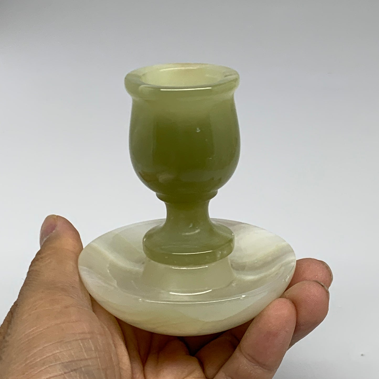 249g, 3.2"x1.4"x2.9", Natural Green Onyx Candle Holder Gemstone Carved, B32240