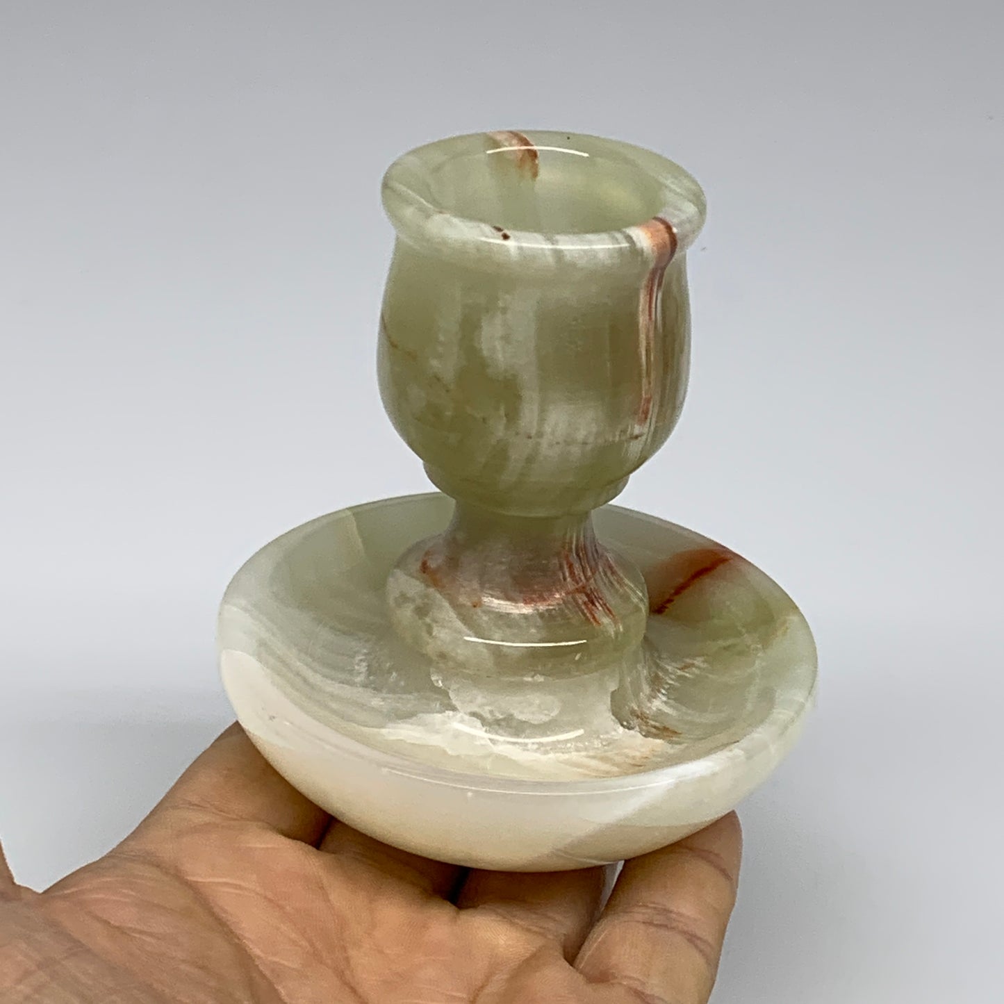 303g, 3.2"x1.5"x3", Natural Green Onyx Candle Holder Gemstone Carved, B32241