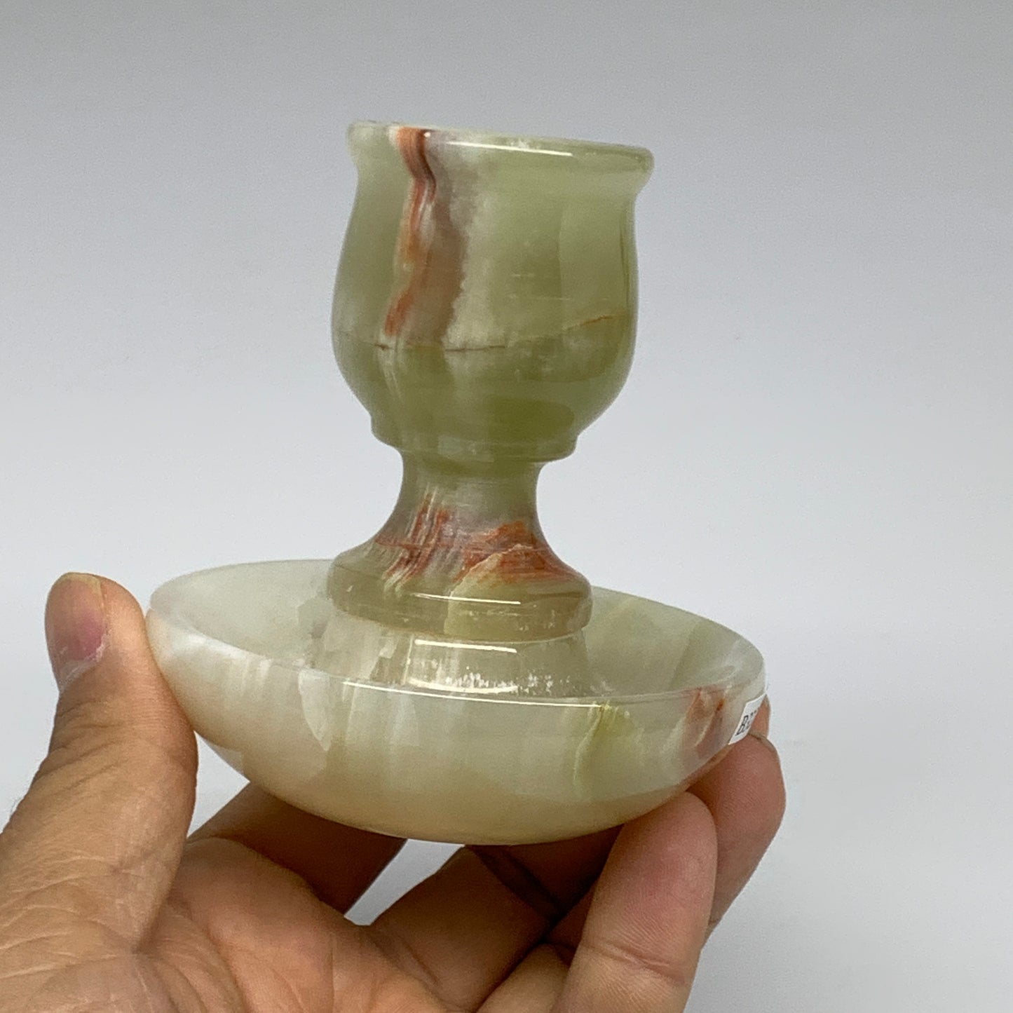 303g, 3.2"x1.5"x3", Natural Green Onyx Candle Holder Gemstone Carved, B32241