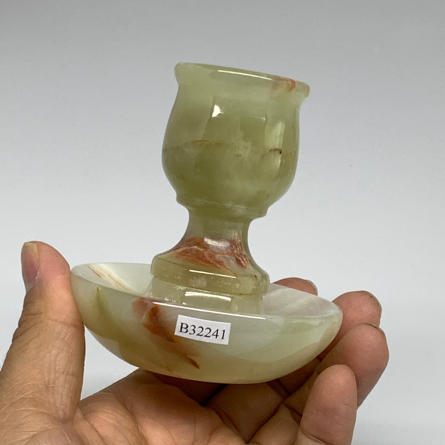 303g, 3.2"x1.5"x3", Natural Green Onyx Candle Holder Gemstone Carved, B32241