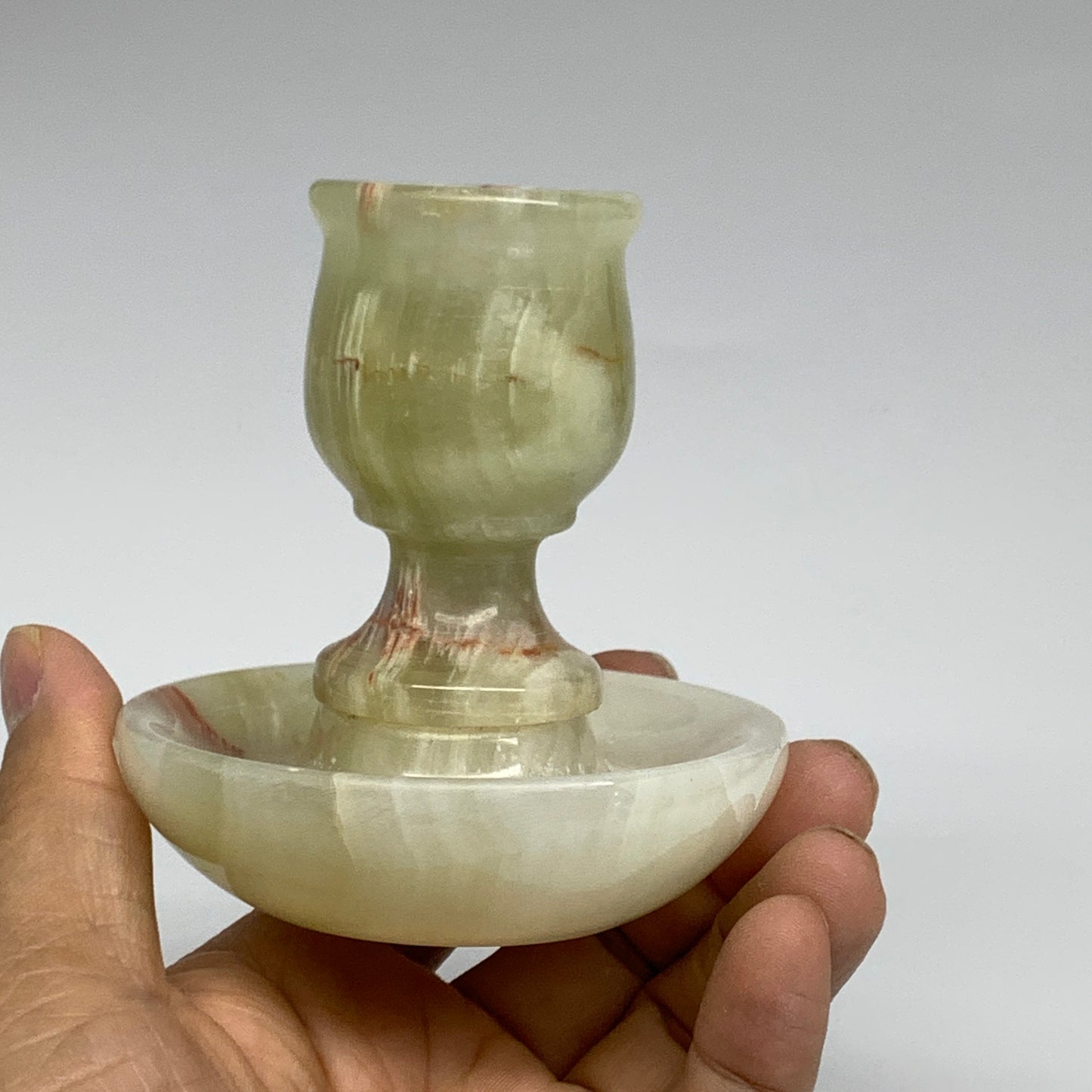 303g, 3.2"x1.5"x3", Natural Green Onyx Candle Holder Gemstone Carved, B32241