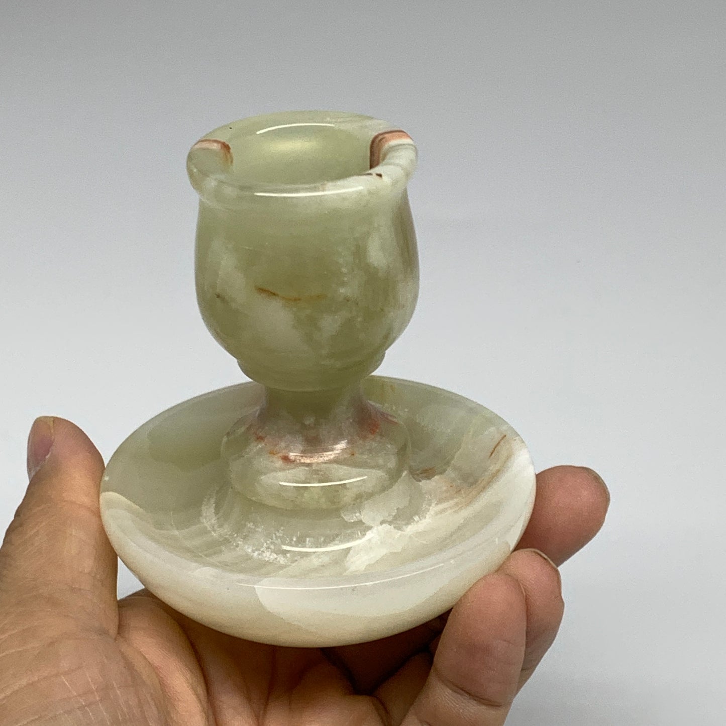 303g, 3.2"x1.5"x3", Natural Green Onyx Candle Holder Gemstone Carved, B32241