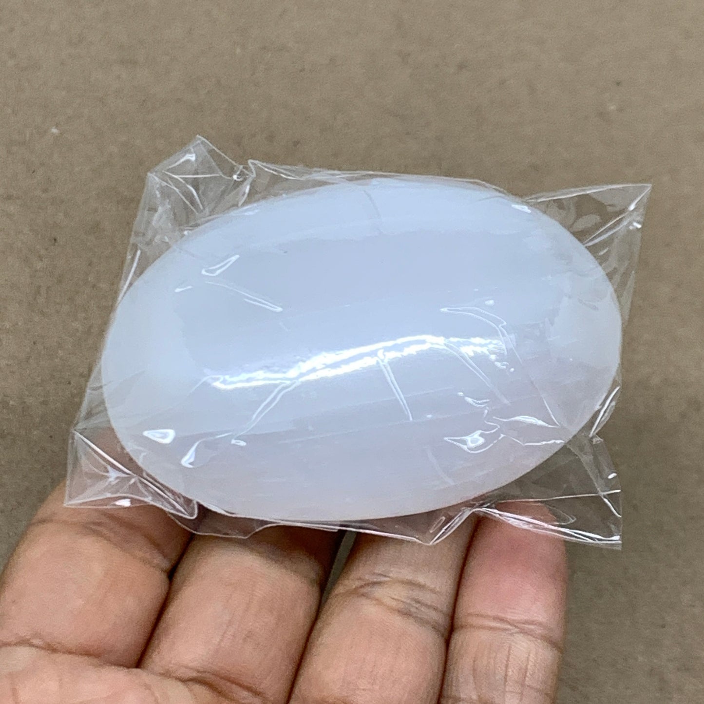 93g, 2.7"x1.9"x1", White Selenite Palmstone Crystal Pillow Reiki, B36351