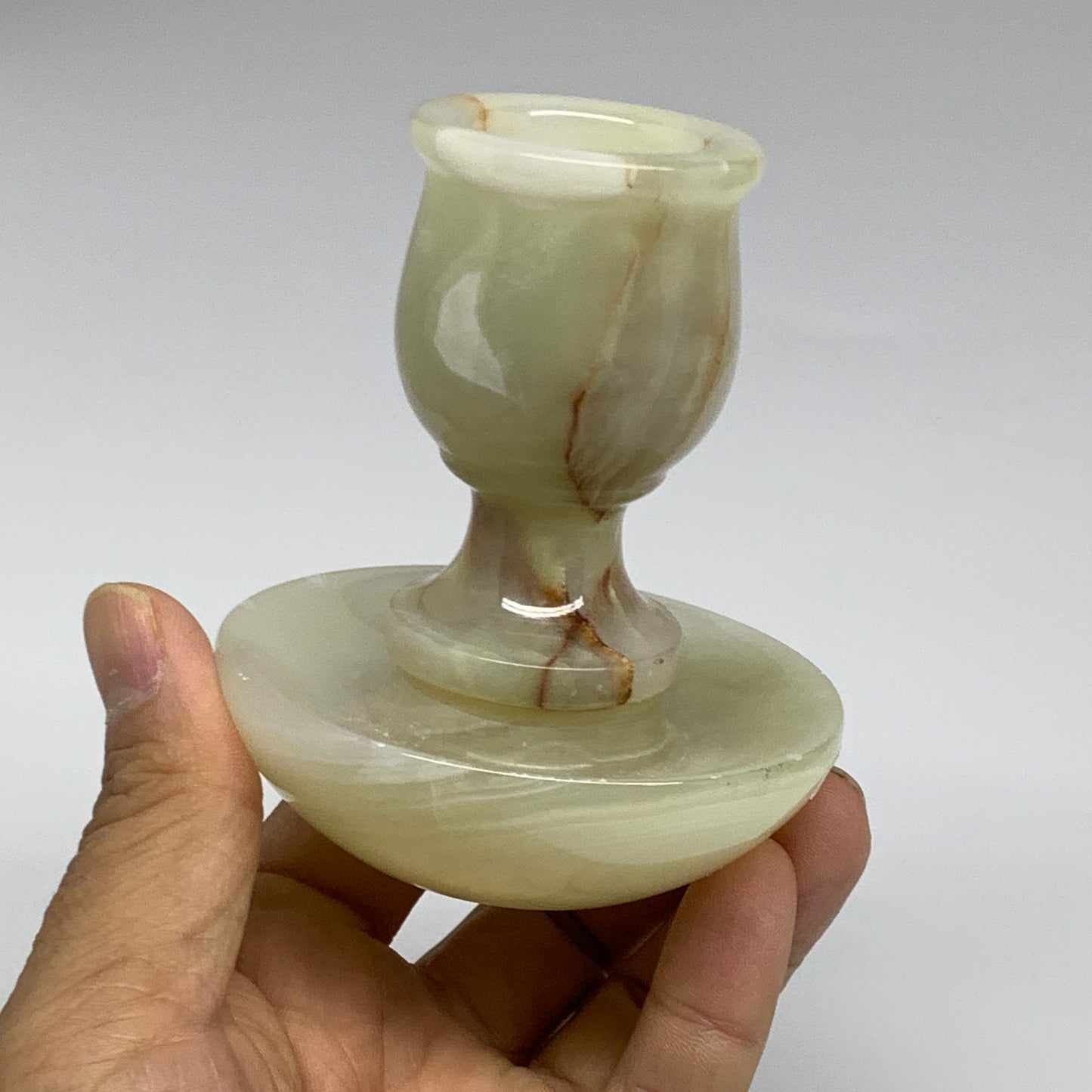 291g, 3.3"x1.5"x2.9", Natural Green Onyx Candle Holder Gemstone Carved, B32243