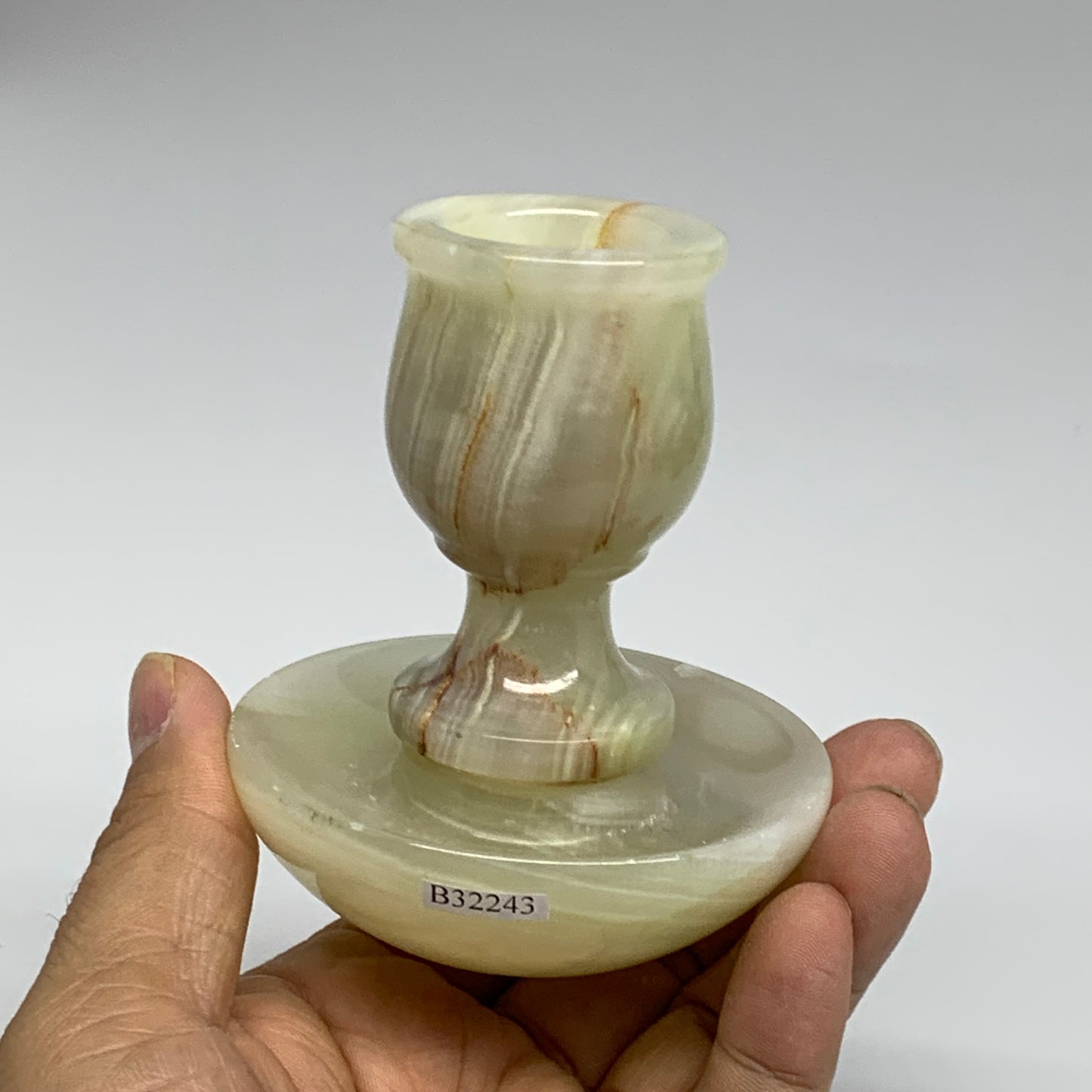 291g, 3.3"x1.5"x2.9", Natural Green Onyx Candle Holder Gemstone Carved, B32243