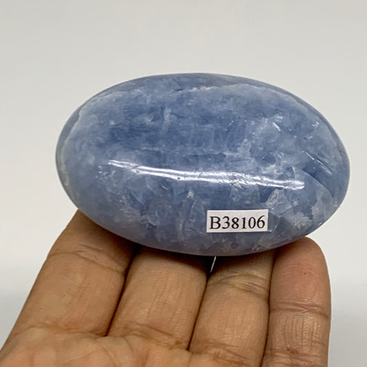 126g, 2.8"x1.8"x1" Blue Calcite Palm-Stone Polished Tumbled, B38106