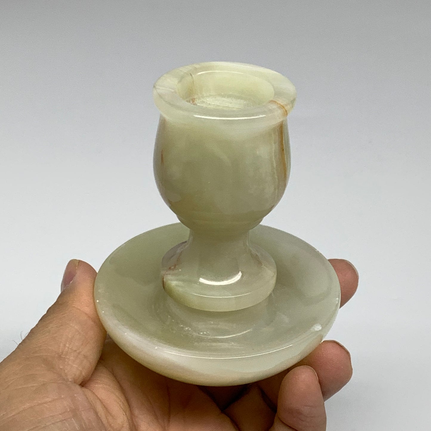291g, 3.3"x1.5"x2.9", Natural Green Onyx Candle Holder Gemstone Carved, B32243