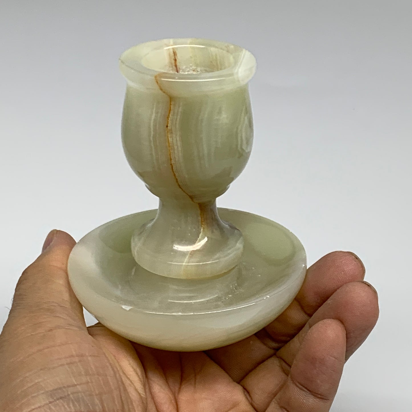 291g, 3.3"x1.5"x2.9", Natural Green Onyx Candle Holder Gemstone Carved, B32243