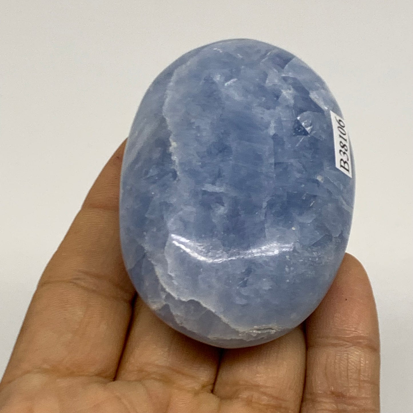 126g, 2.8"x1.8"x1" Blue Calcite Palm-Stone Polished Tumbled, B38106
