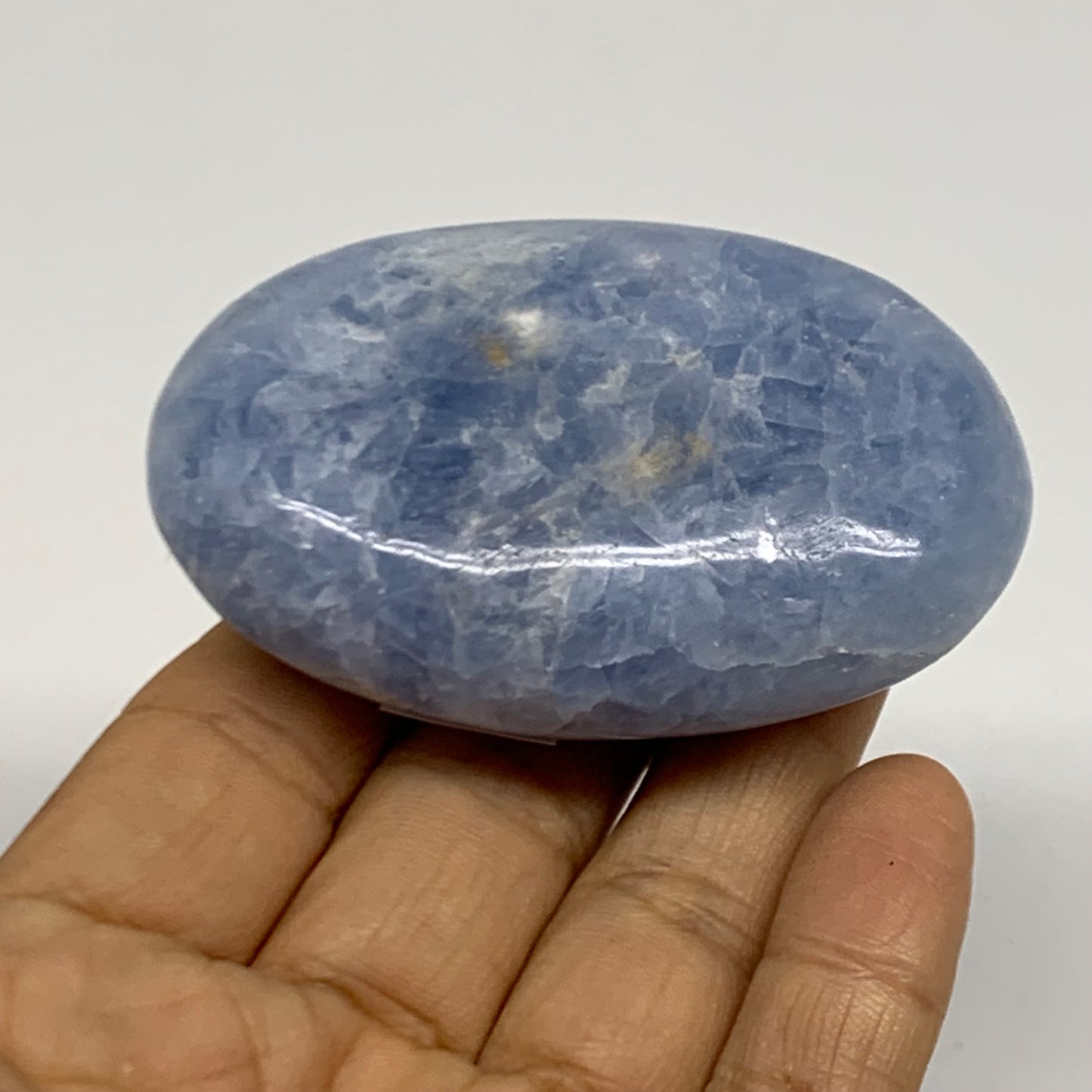 126g, 2.8"x1.8"x1" Blue Calcite Palm-Stone Polished Tumbled, B38106