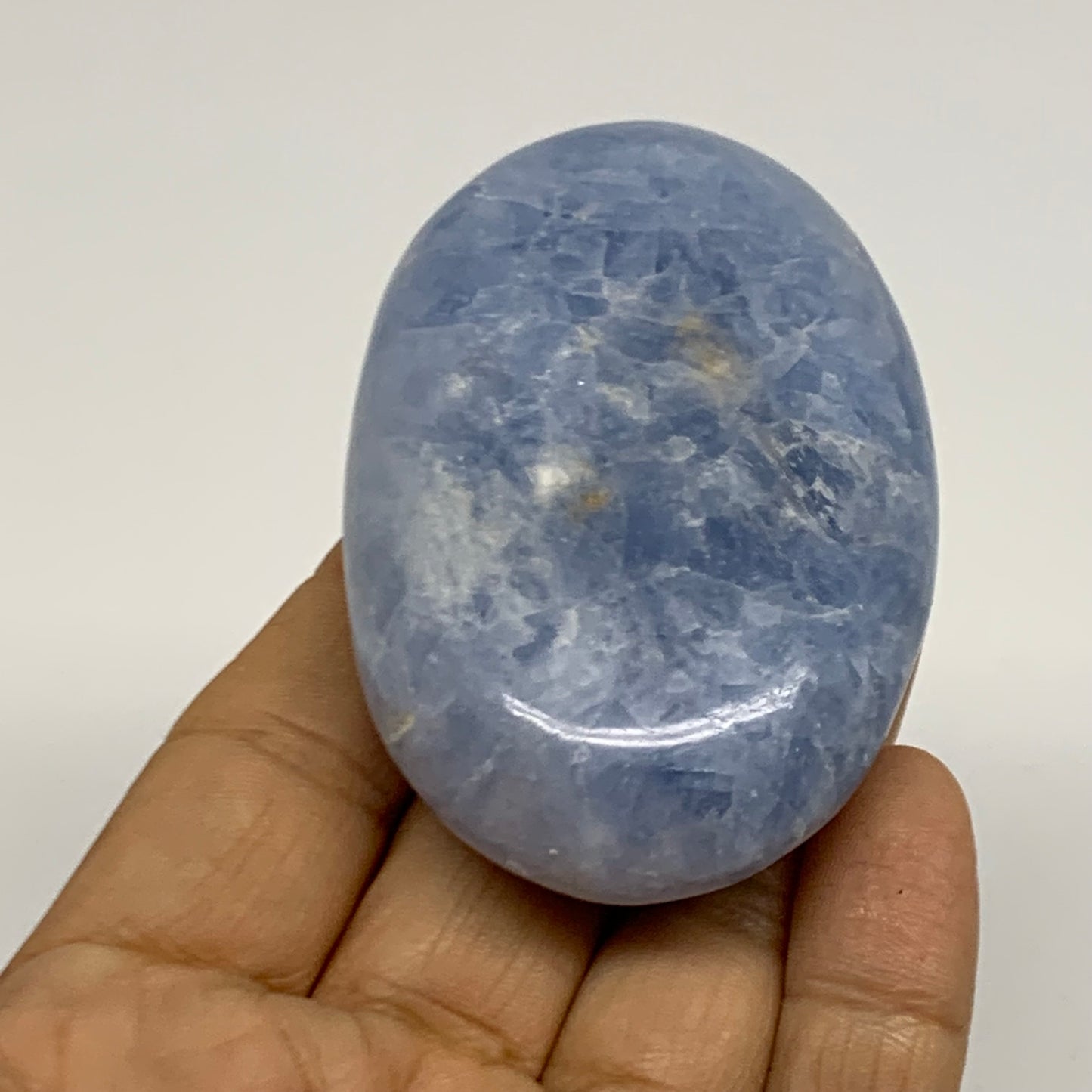 126g, 2.8"x1.8"x1" Blue Calcite Palm-Stone Polished Tumbled, B38106
