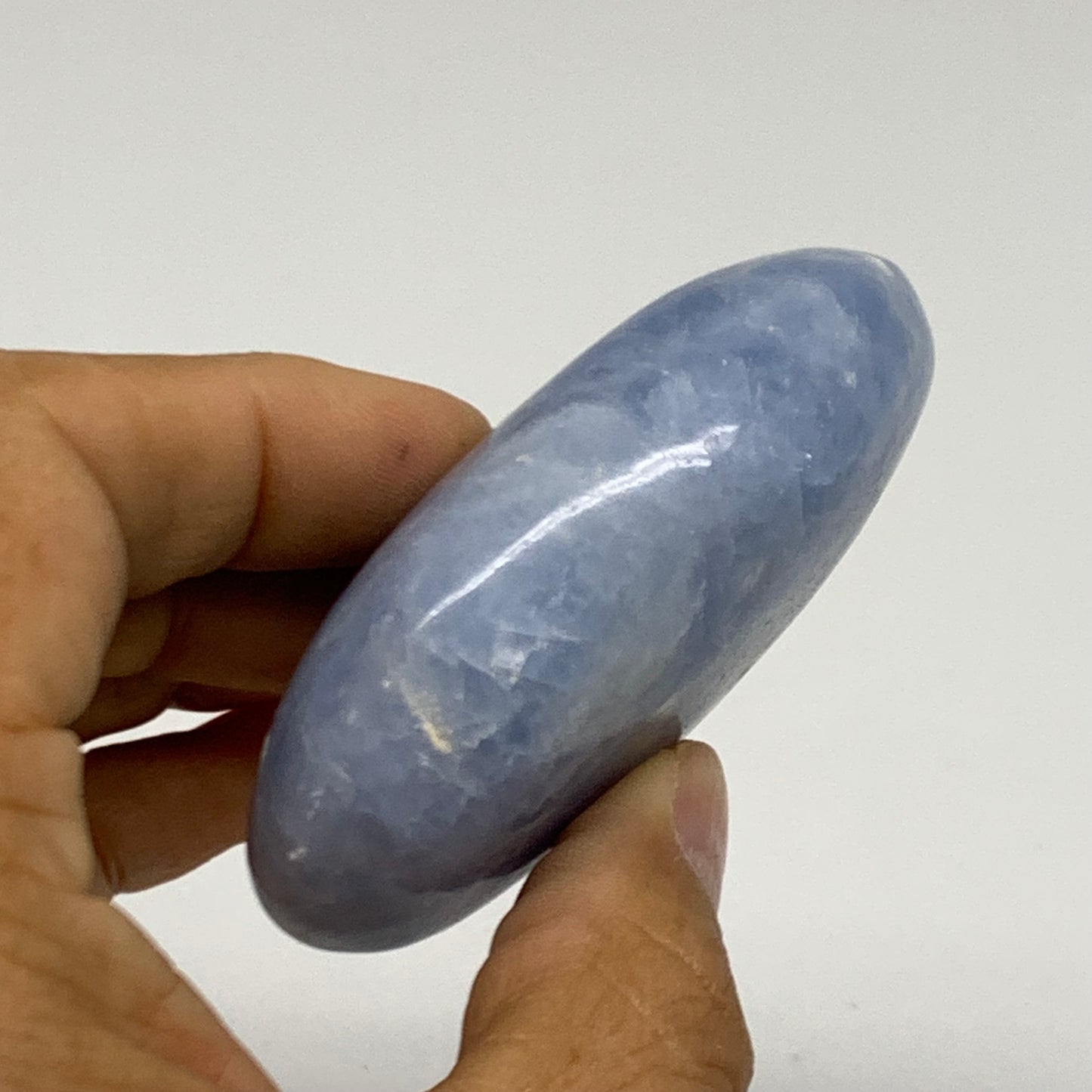126g, 2.8"x1.8"x1" Blue Calcite Palm-Stone Polished Tumbled, B38106