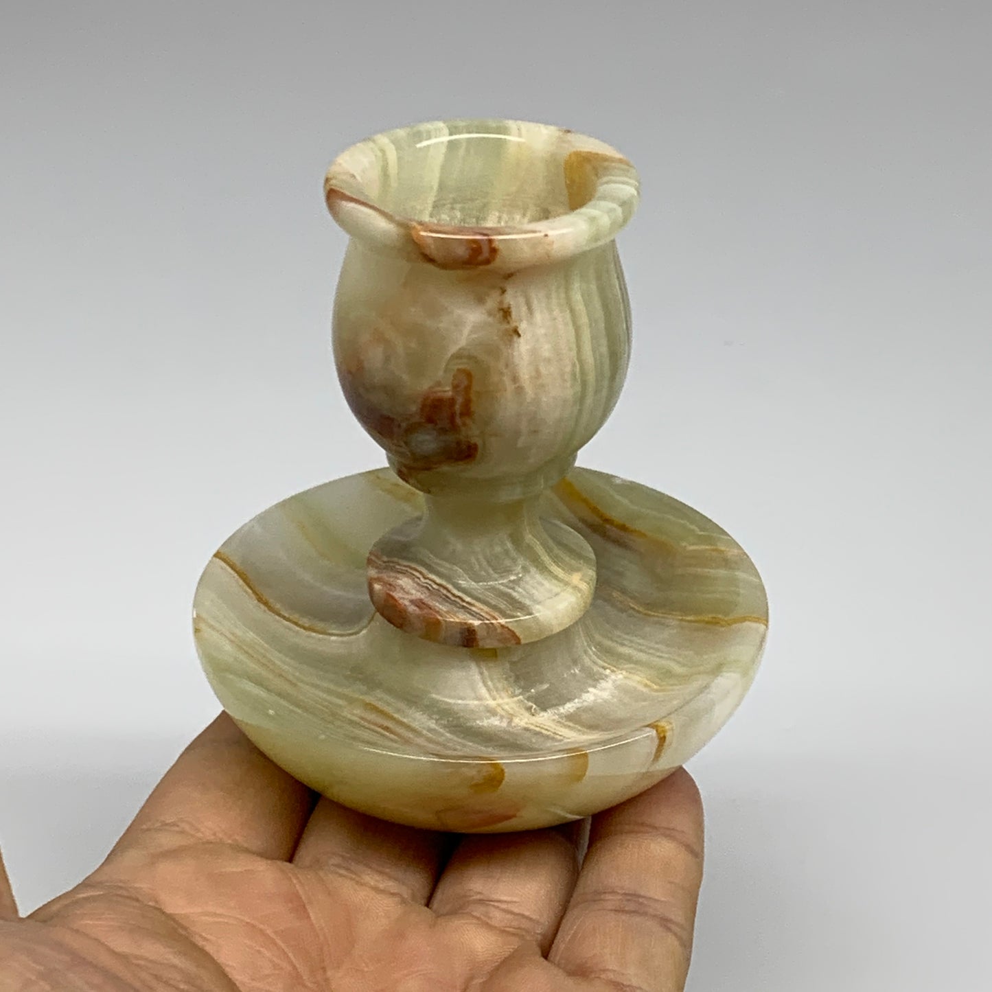 253g, 3.2"x1.4"x2.9", Natural Green Onyx Candle Holder Gemstone Carved, B32244