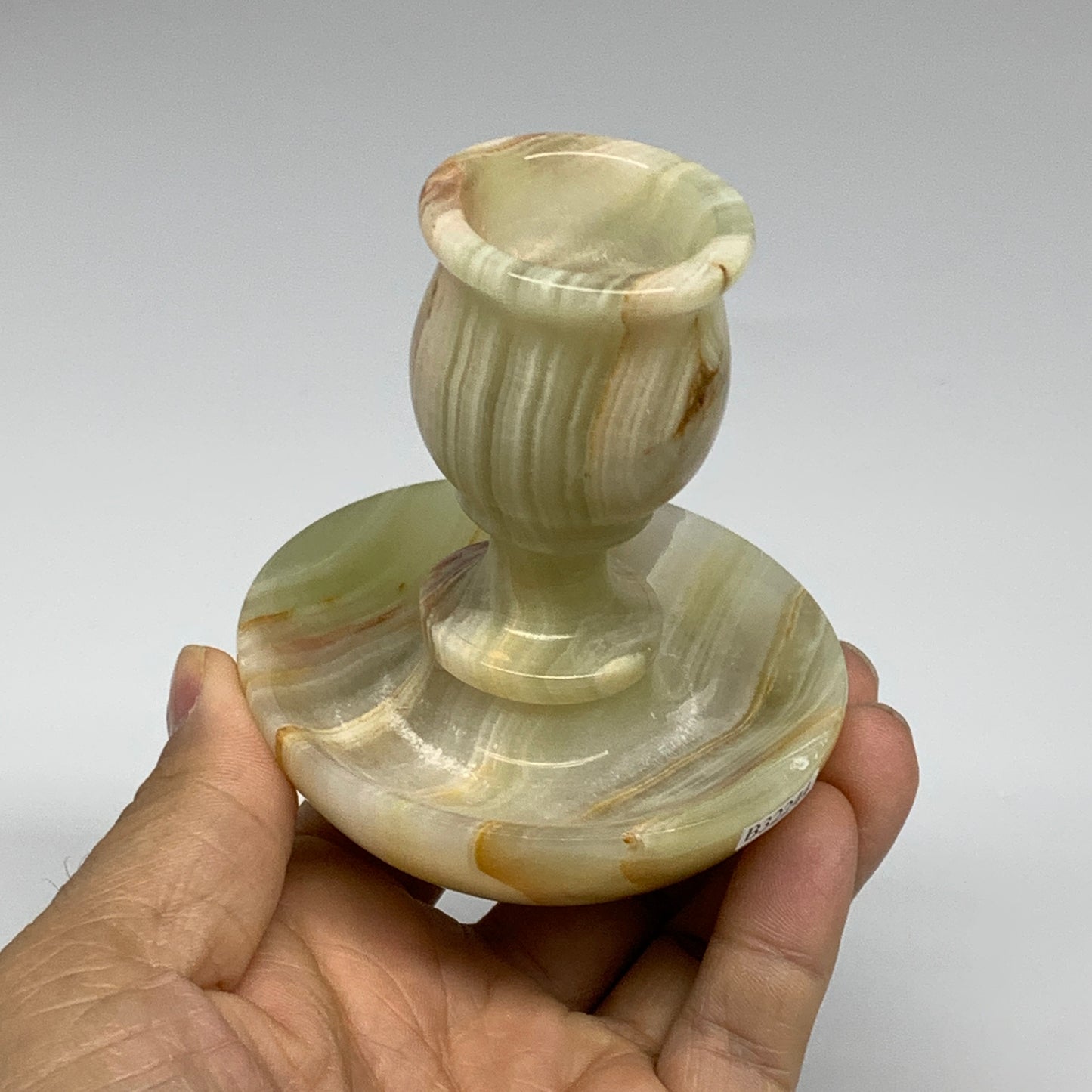 253g, 3.2"x1.4"x2.9", Natural Green Onyx Candle Holder Gemstone Carved, B32244