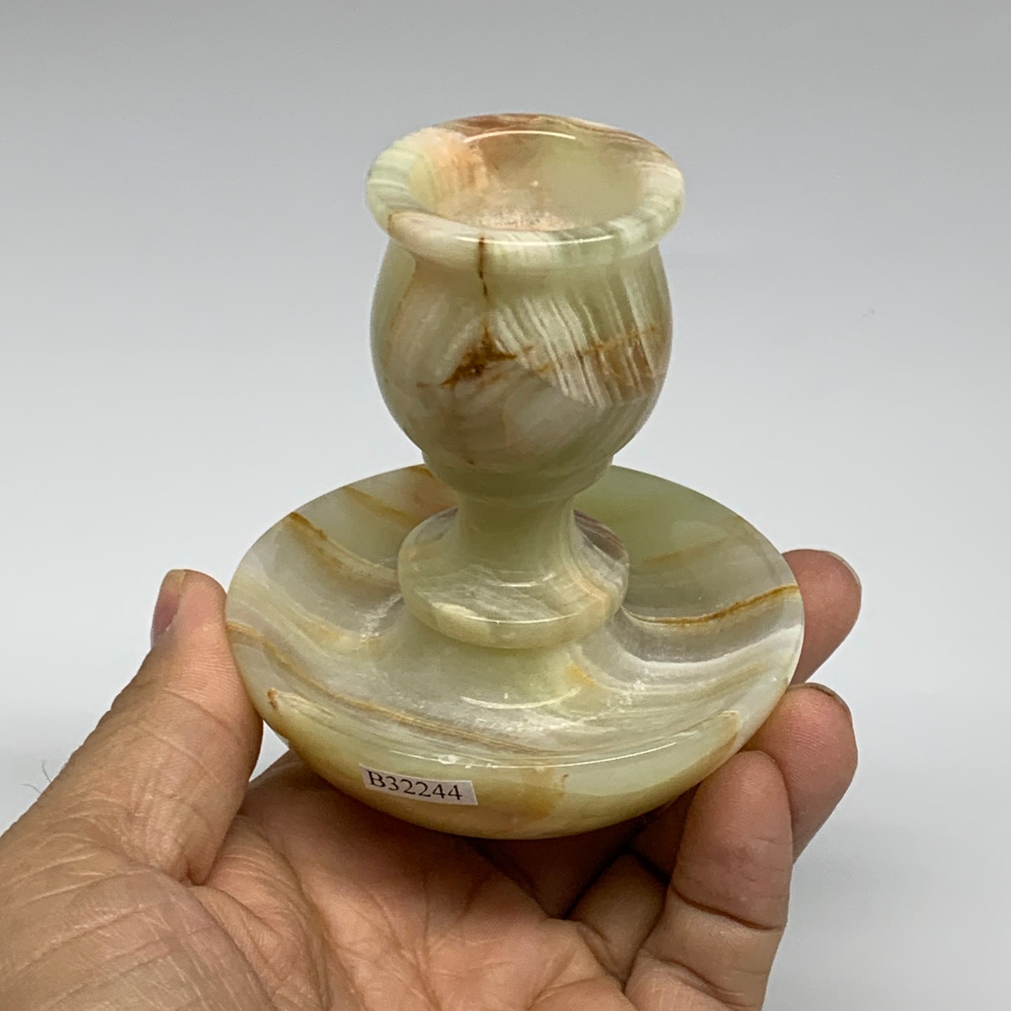 253g, 3.2"x1.4"x2.9", Natural Green Onyx Candle Holder Gemstone Carved, B32244