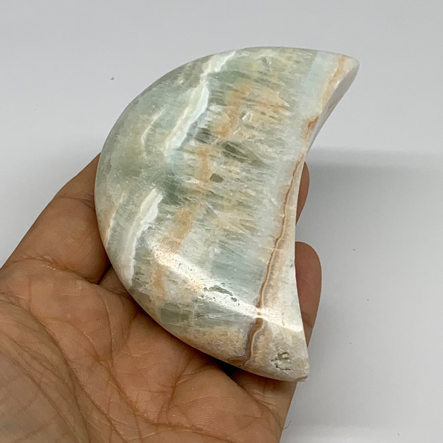 183.1g, 3.5"x1.9"x0.9", Caribbean Calcite Moon Crescent Gemstone, B33617