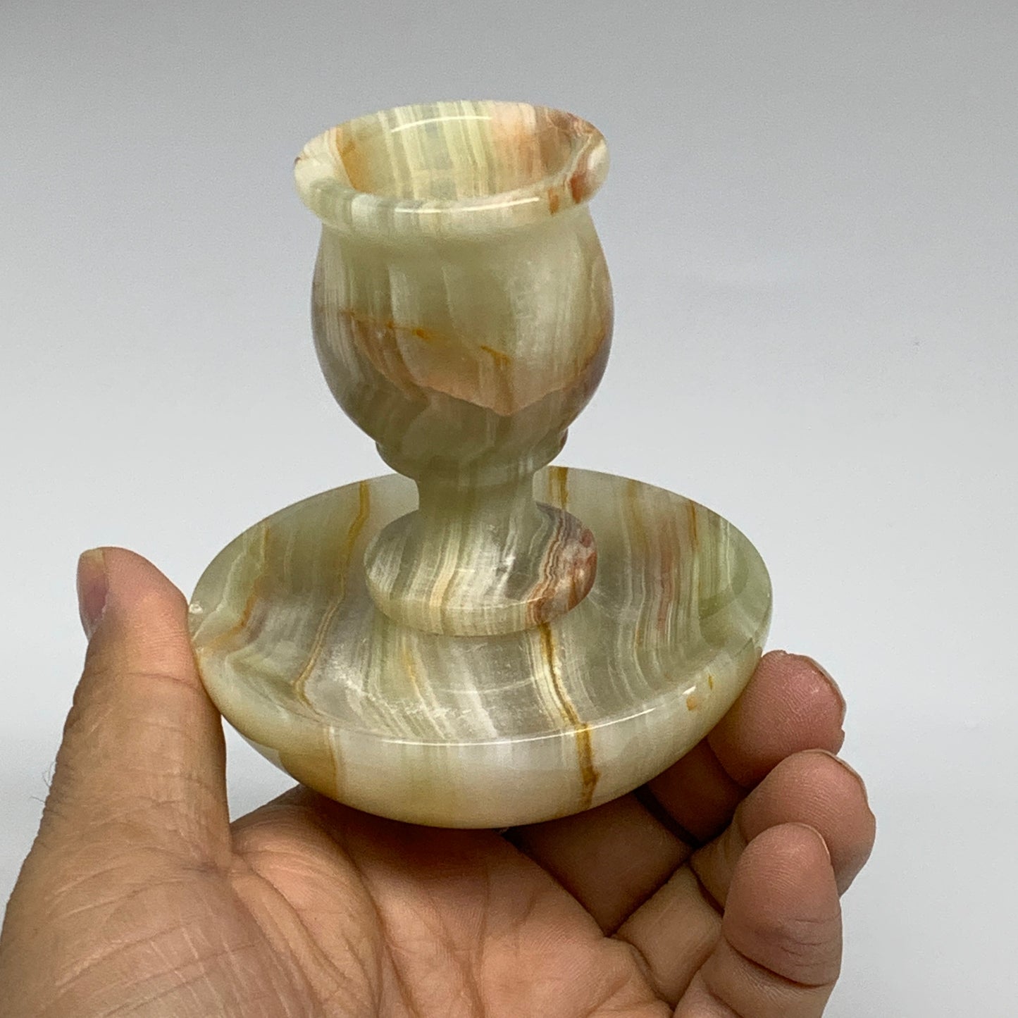 253g, 3.2"x1.4"x2.9", Natural Green Onyx Candle Holder Gemstone Carved, B32244