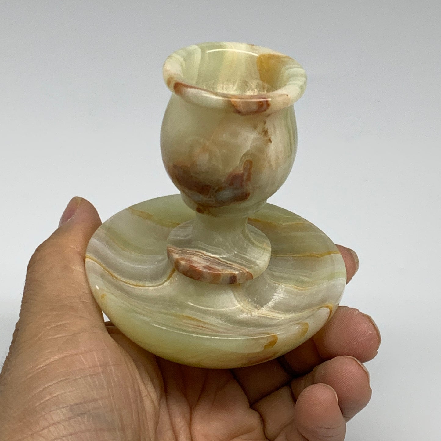 253g, 3.2"x1.4"x2.9", Natural Green Onyx Candle Holder Gemstone Carved, B32244