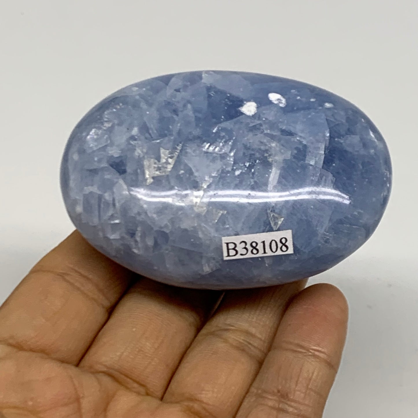 159.9g, 2.8"x2"x1.2" Blue Calcite Palm-Stone Polished Tumbled, B38108