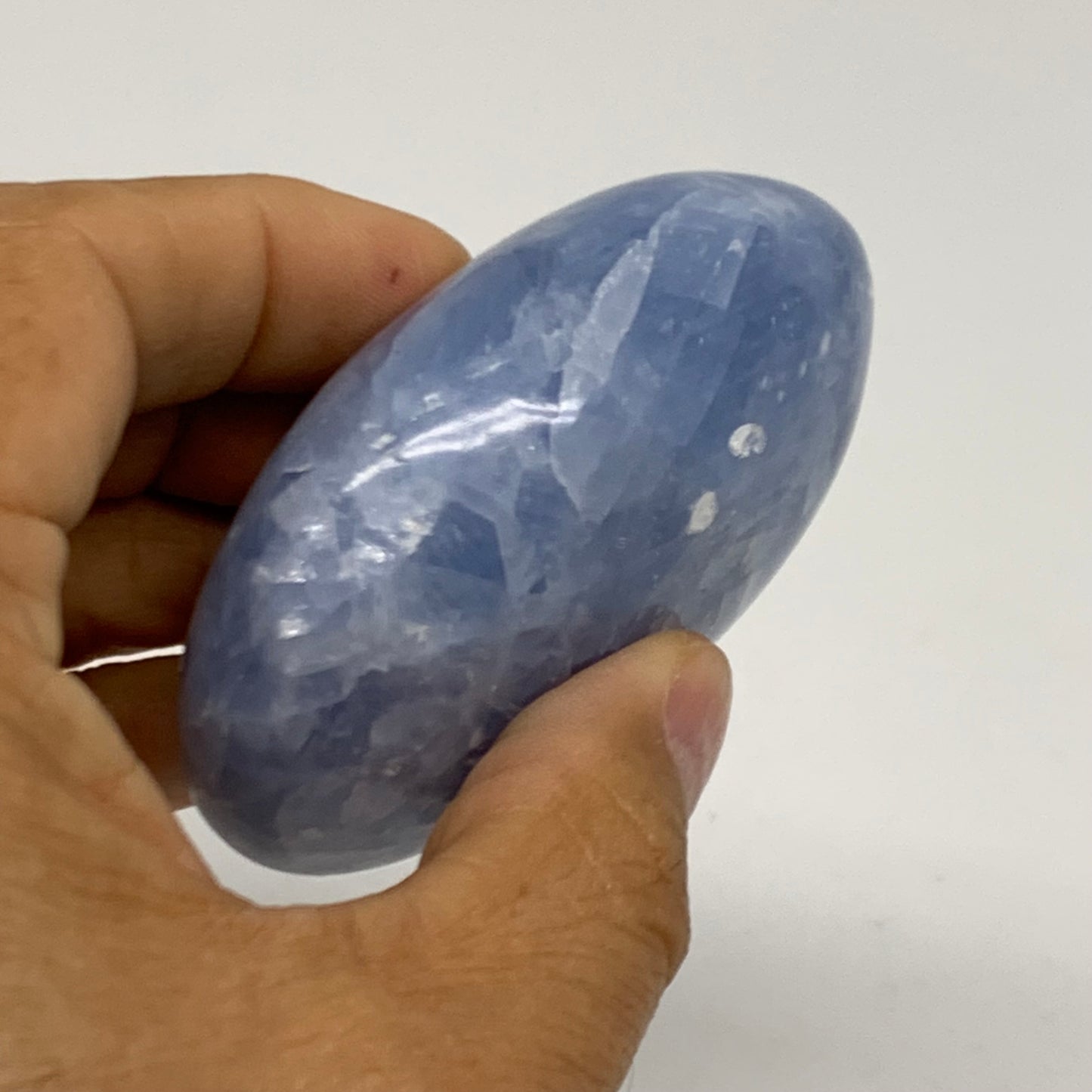 159.9g, 2.8"x2"x1.2" Blue Calcite Palm-Stone Polished Tumbled, B38108