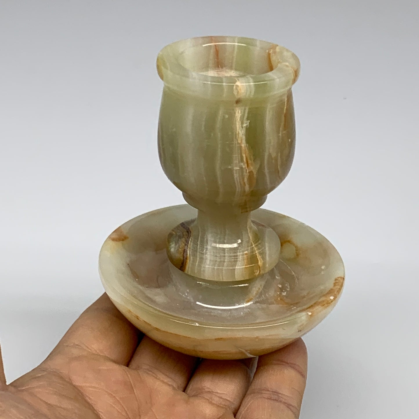 281g, 3.3"x1.5"x2.9", Natural Green Onyx Candle Holder Gemstone Carved, B32246