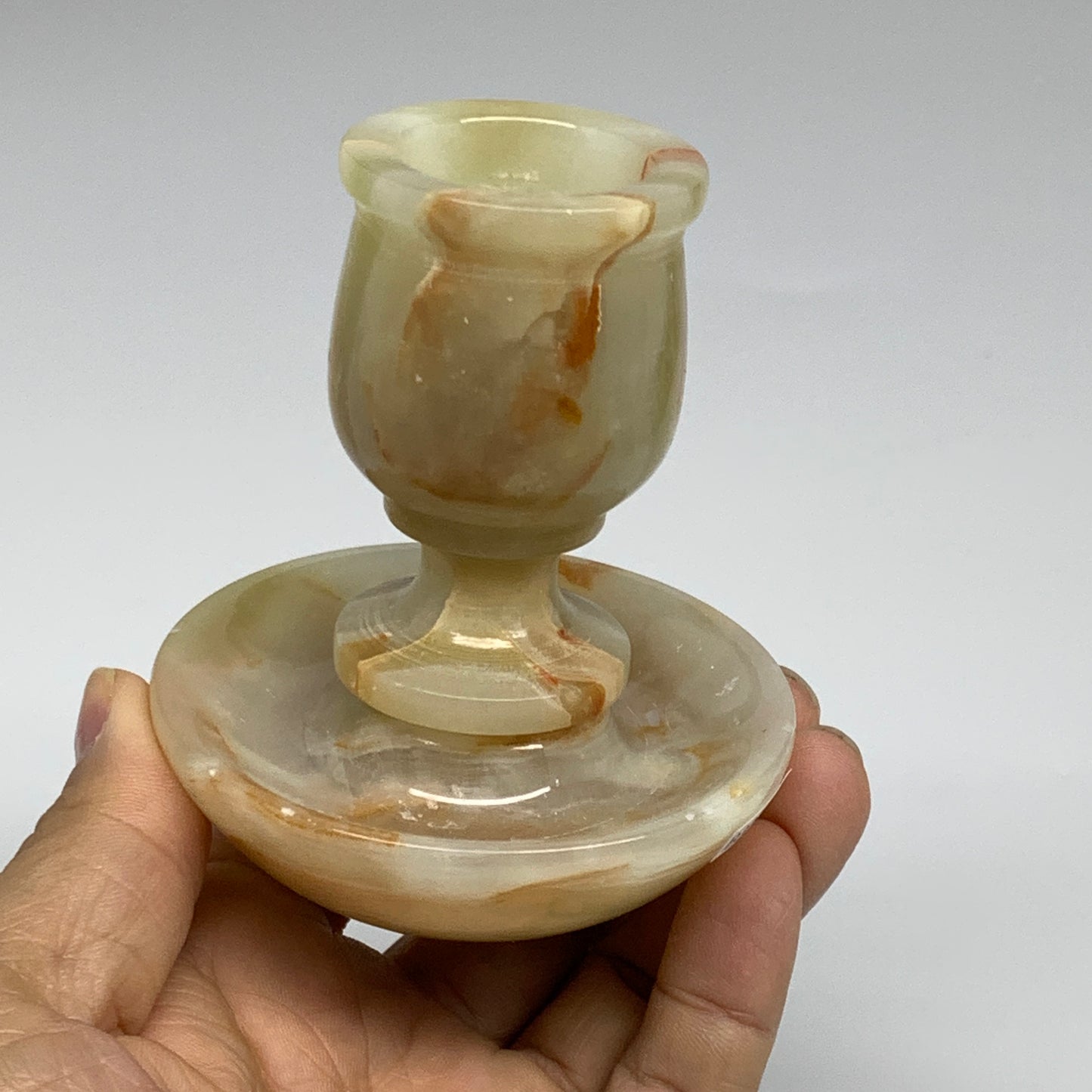 281g, 3.3"x1.5"x2.9", Natural Green Onyx Candle Holder Gemstone Carved, B32246