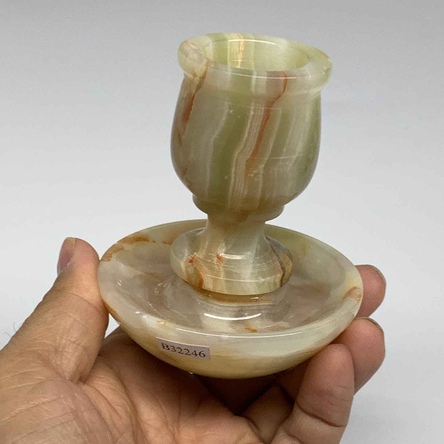 281g, 3.3"x1.5"x2.9", Natural Green Onyx Candle Holder Gemstone Carved, B32246