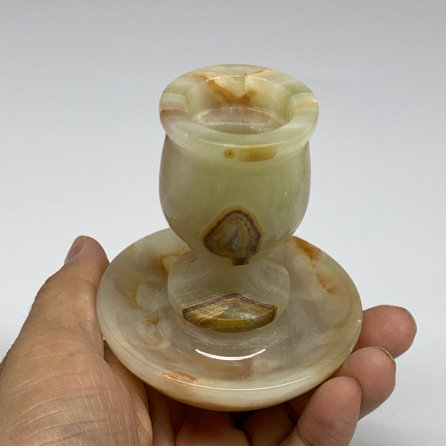 281g, 3.3"x1.5"x2.9", Natural Green Onyx Candle Holder Gemstone Carved, B32246