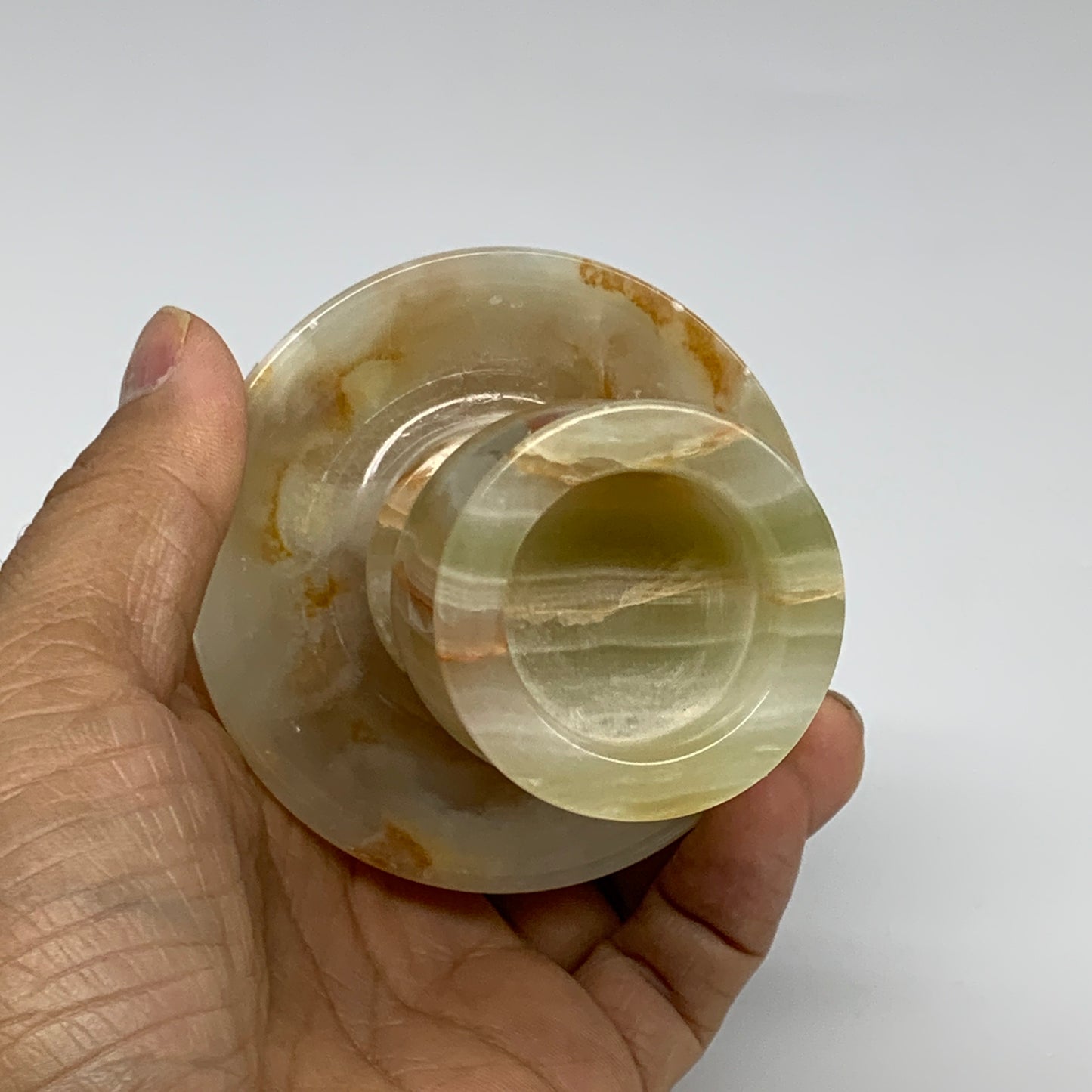 281g, 3.3"x1.5"x2.9", Natural Green Onyx Candle Holder Gemstone Carved, B32246