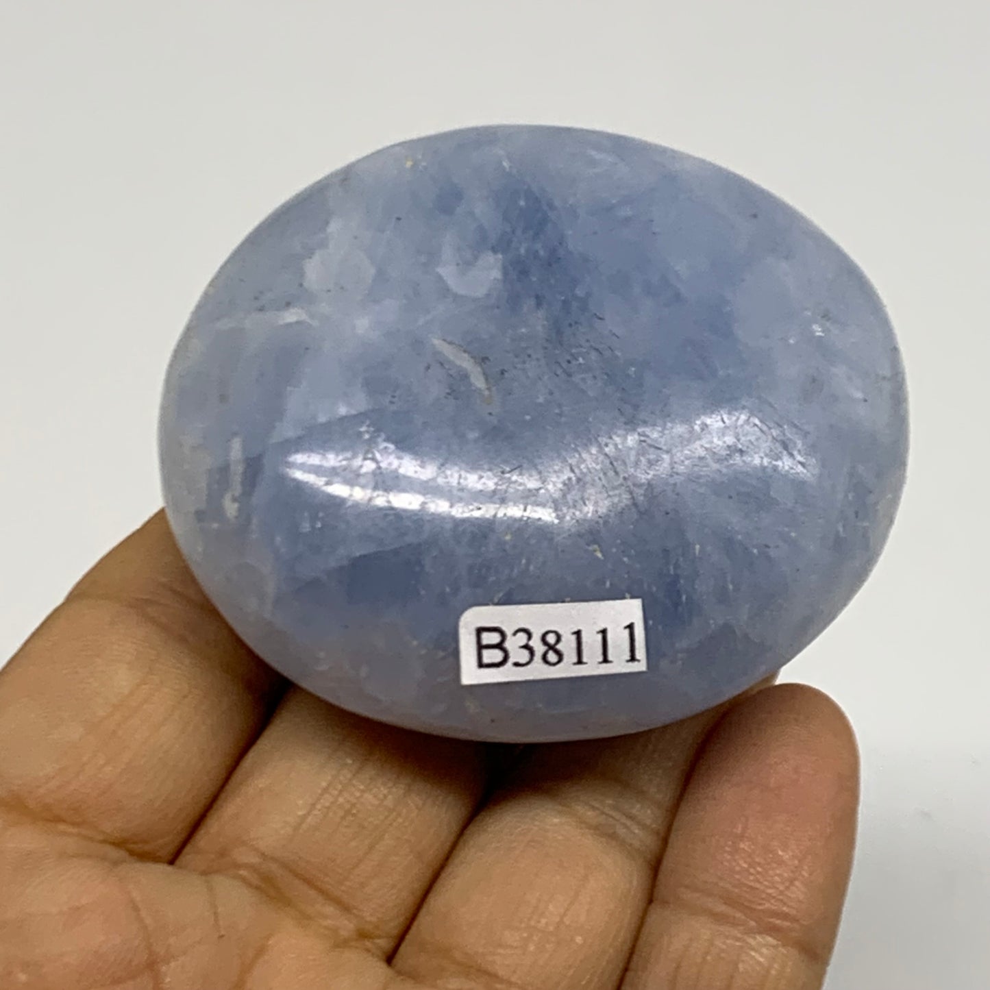 124.5g, 2.3"x2.1"x1" Blue Calcite Palm-Stone Polished Tumbled, B38111