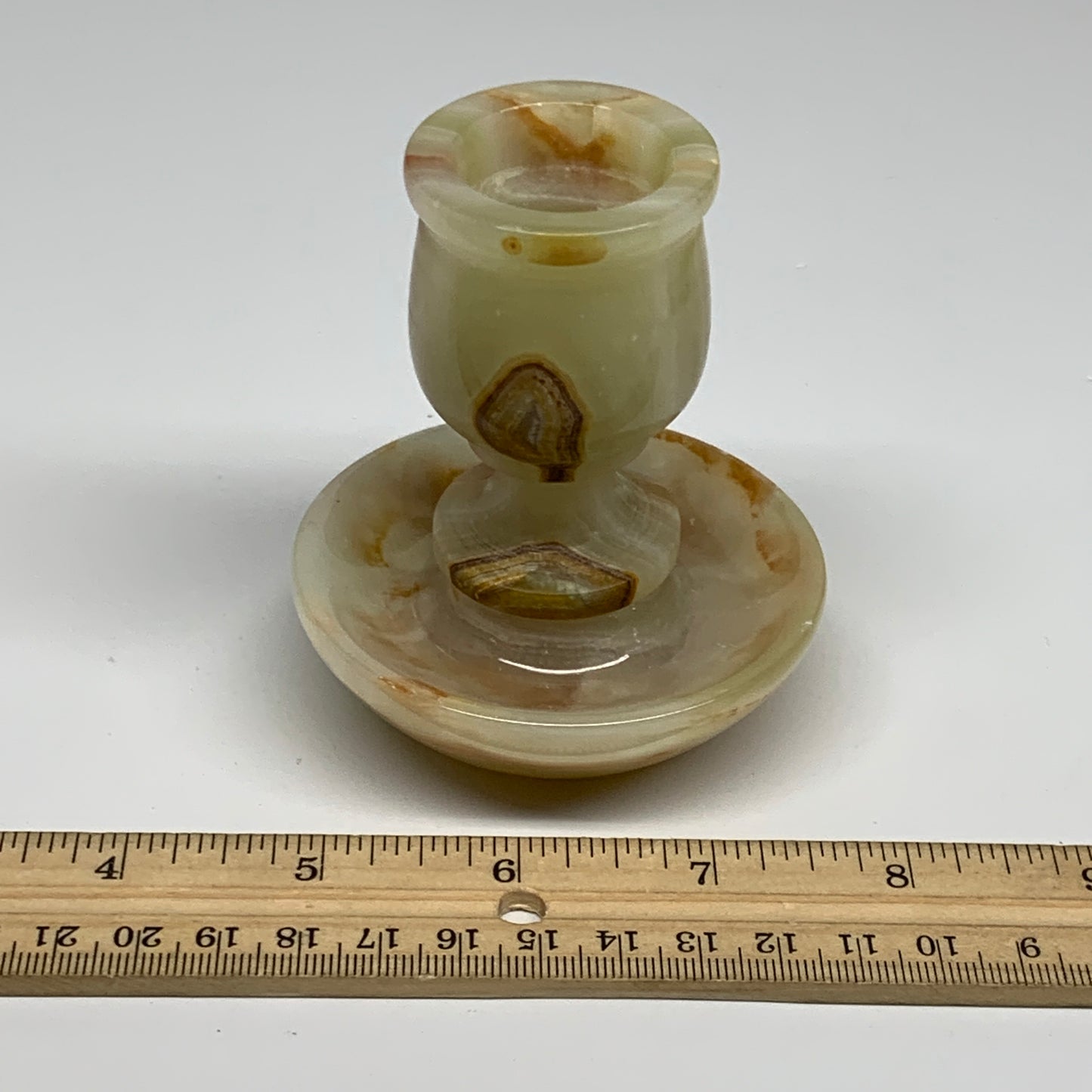 281g, 3.3"x1.5"x2.9", Natural Green Onyx Candle Holder Gemstone Carved, B32246