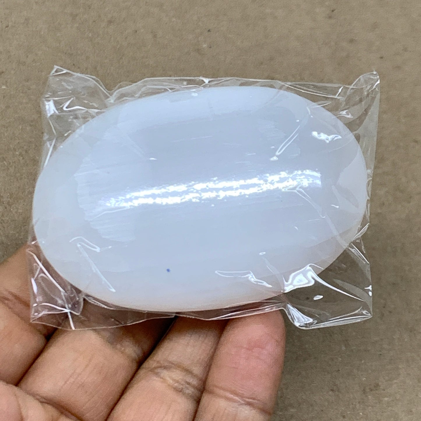 97g, 2.7"x1.9"x1", White Selenite Palmstone Crystal Pillow Reiki, B36359