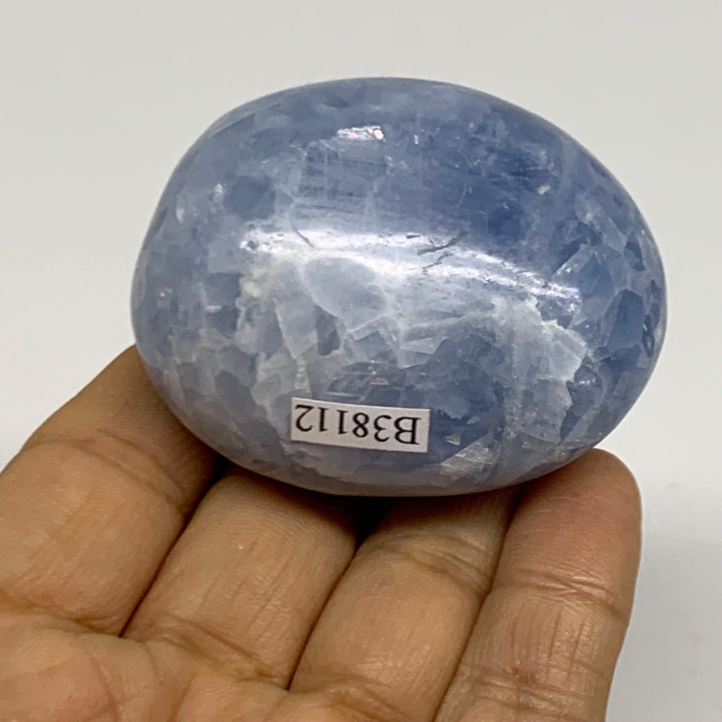 118.2g, 2.2"x1.8"x1.2" Blue Calcite Palm-Stone Polished Tumbled, B38112