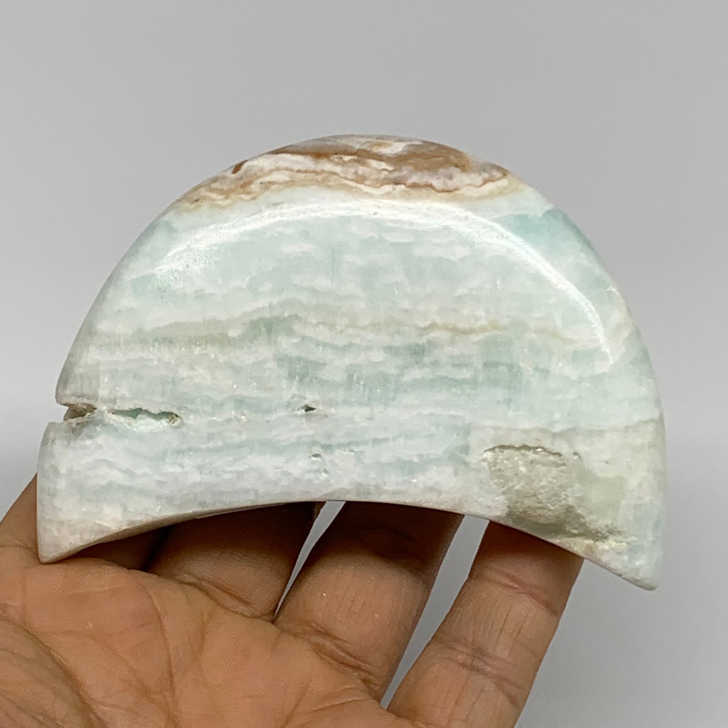 186.4g, 3.5"x2"x0.8", Caribbean Calcite Moon Crescent Gemstone, B33625