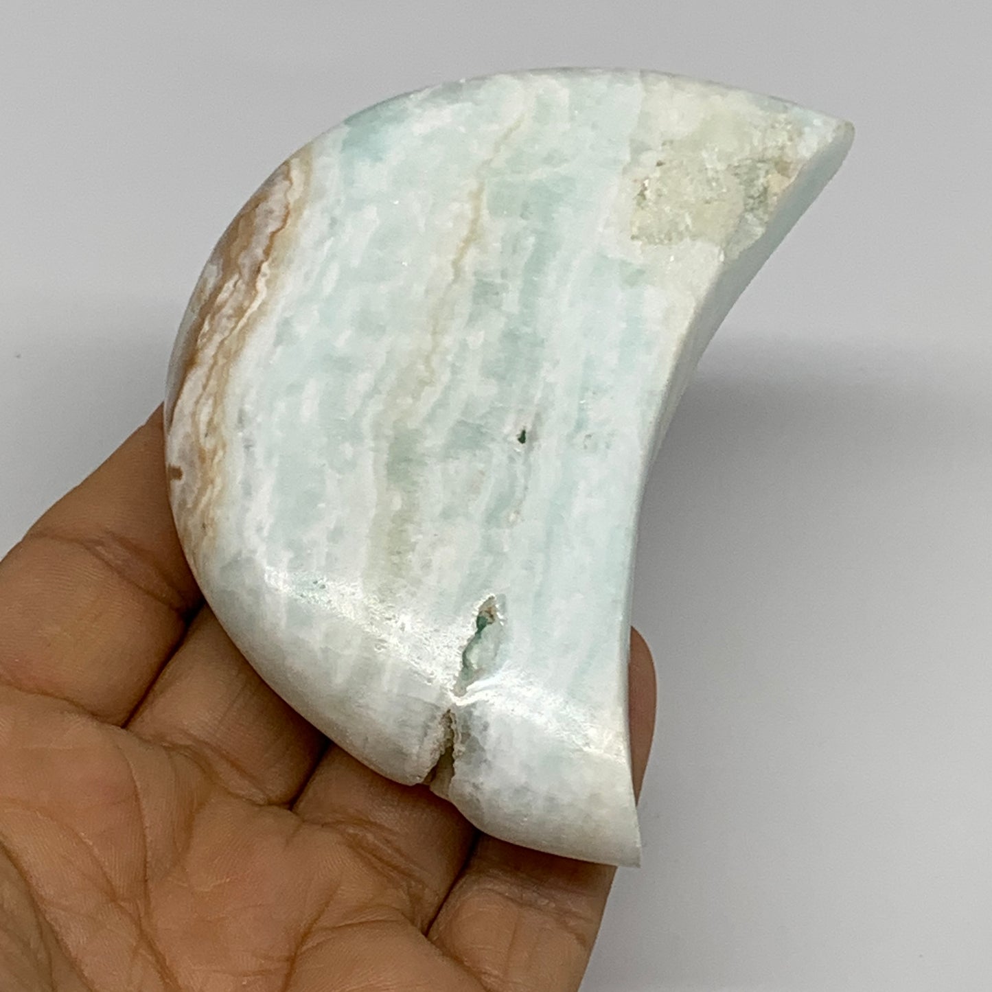 186.4g, 3.5"x2"x0.8", Caribbean Calcite Moon Crescent Gemstone, B33625