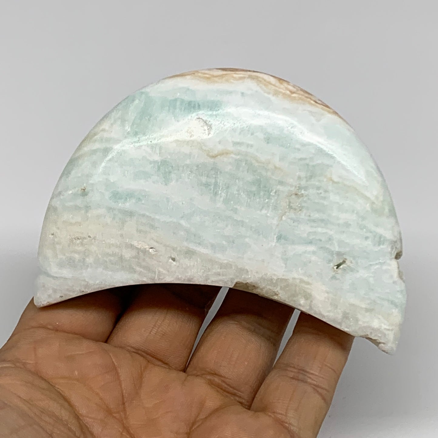 186.4g, 3.5"x2"x0.8", Caribbean Calcite Moon Crescent Gemstone, B33625